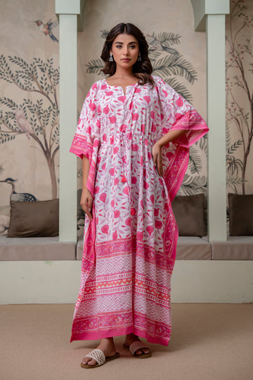 Rosette Hand Block Printed Cotton Kaftan