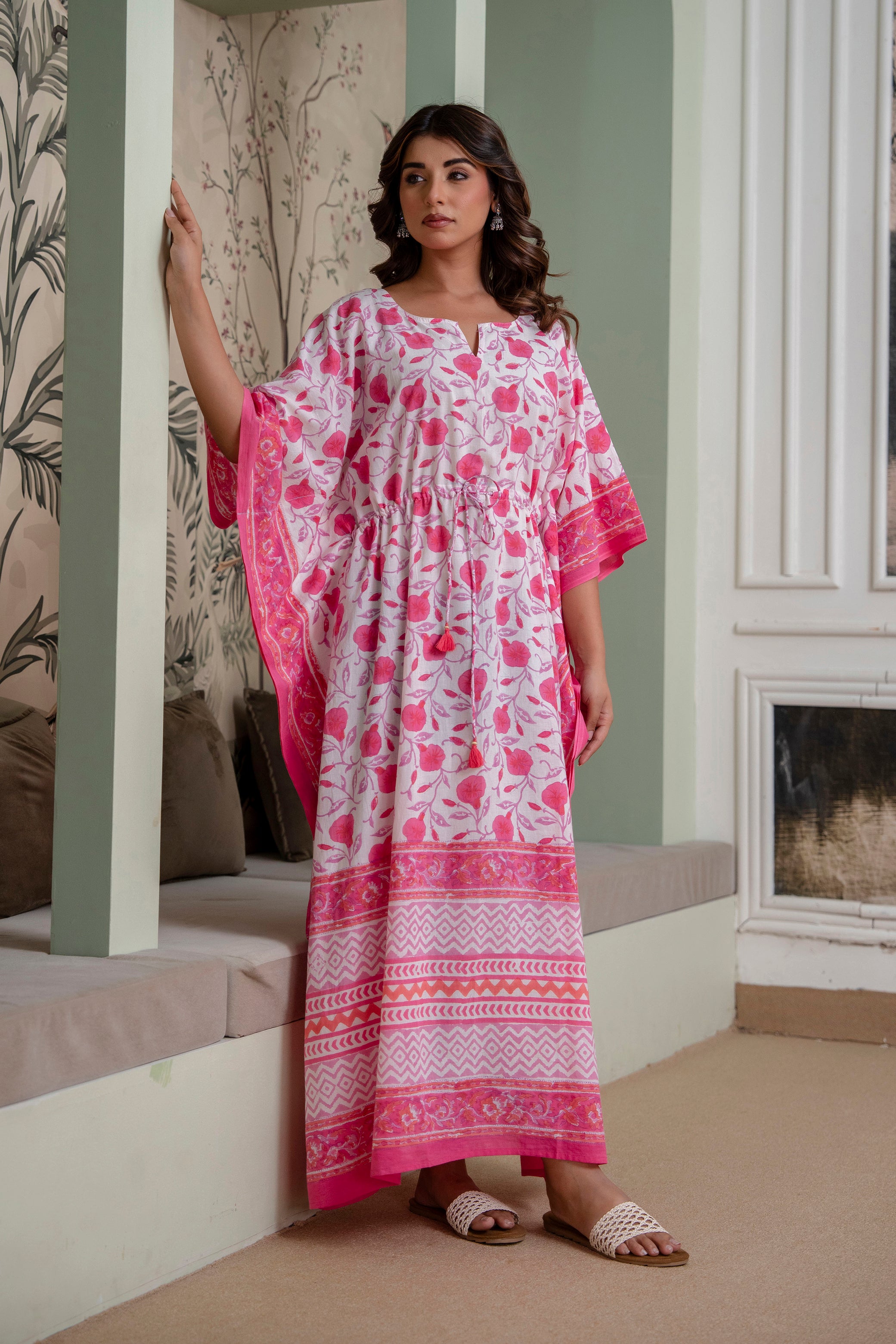 Rosette Hand Block Printed Cotton Kaftan
