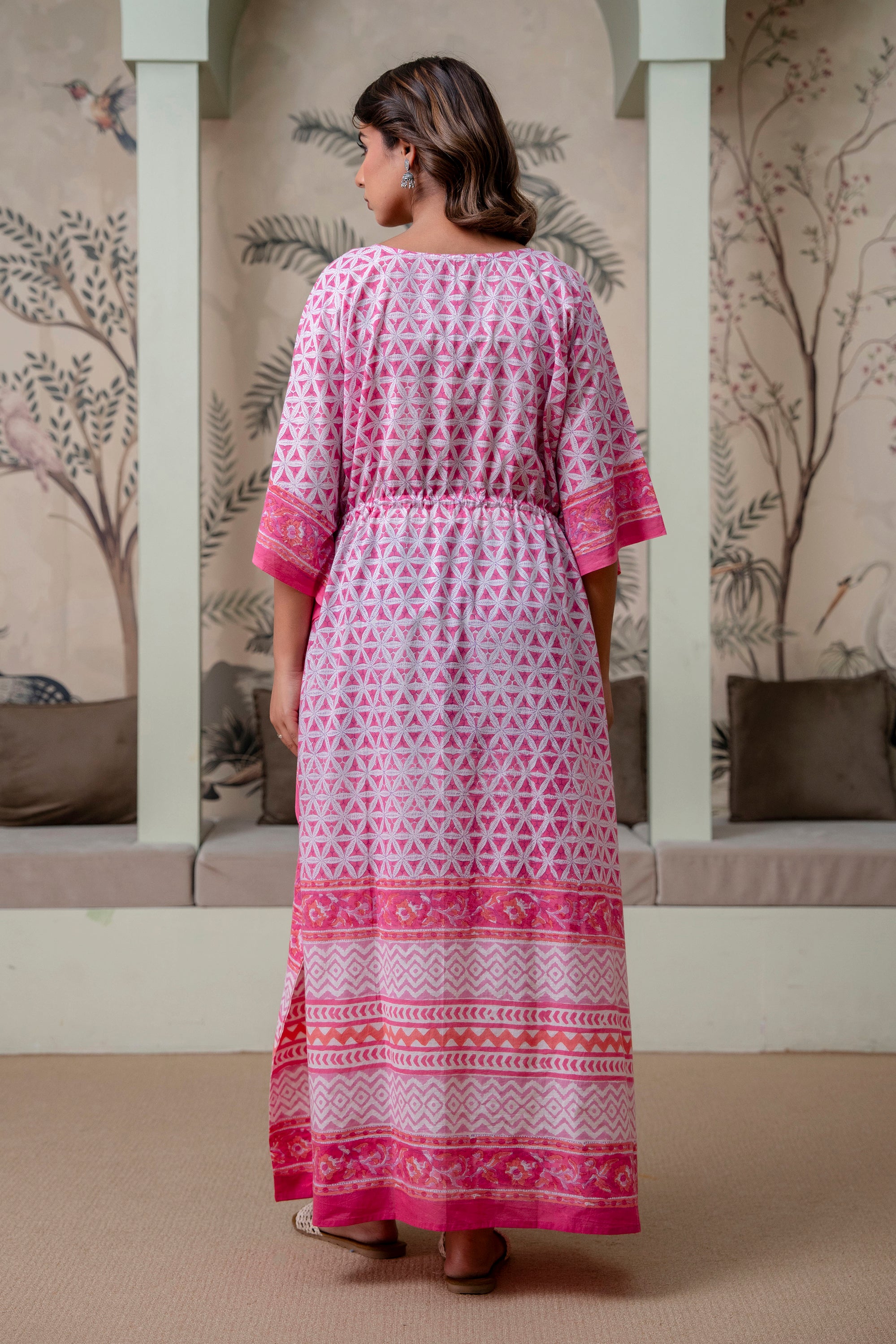 Pink Petal Geometry Hand Block Printed Cotton Kaftan
