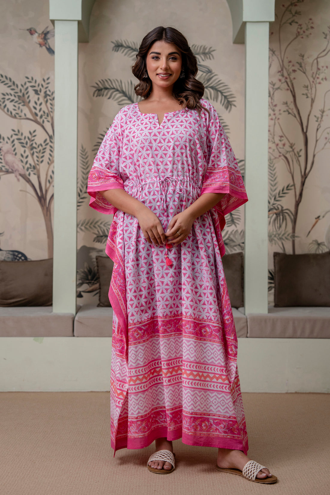 Pink Petal Geometry Hand Block Printed Cotton Kaftan