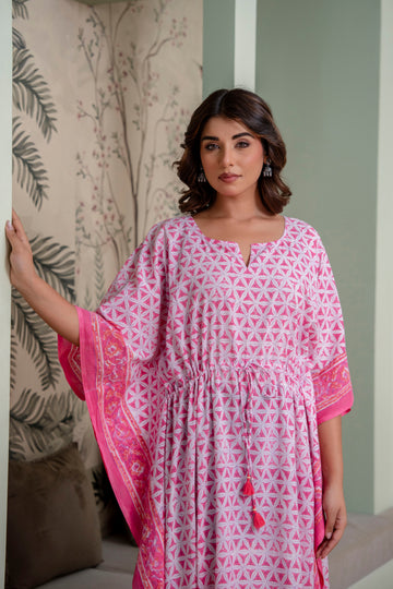 Pink Petal Geometry Hand Block Printed Cotton Kaftan