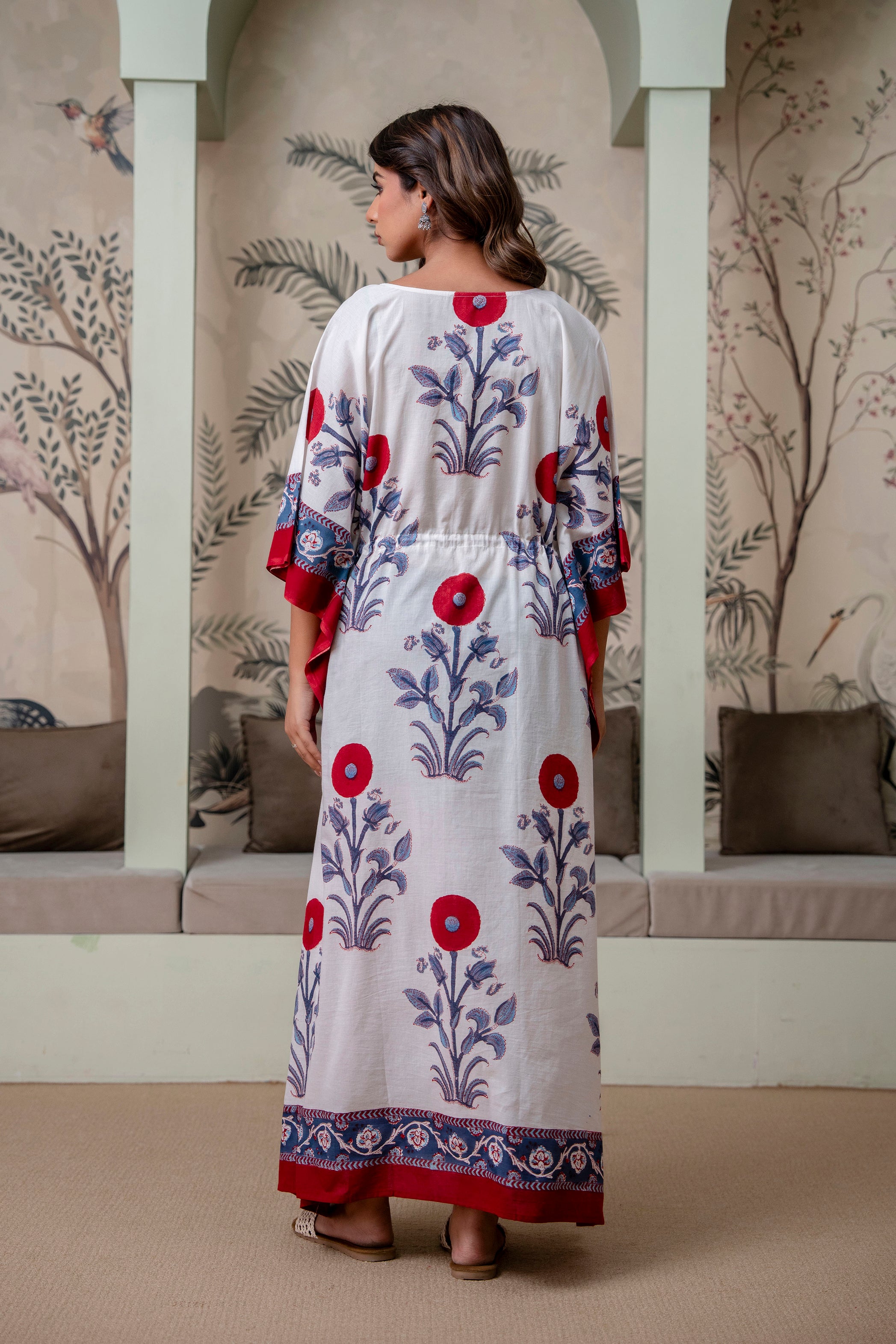 Scarlet Bloom Hand Block Printed Cotton Kaftan