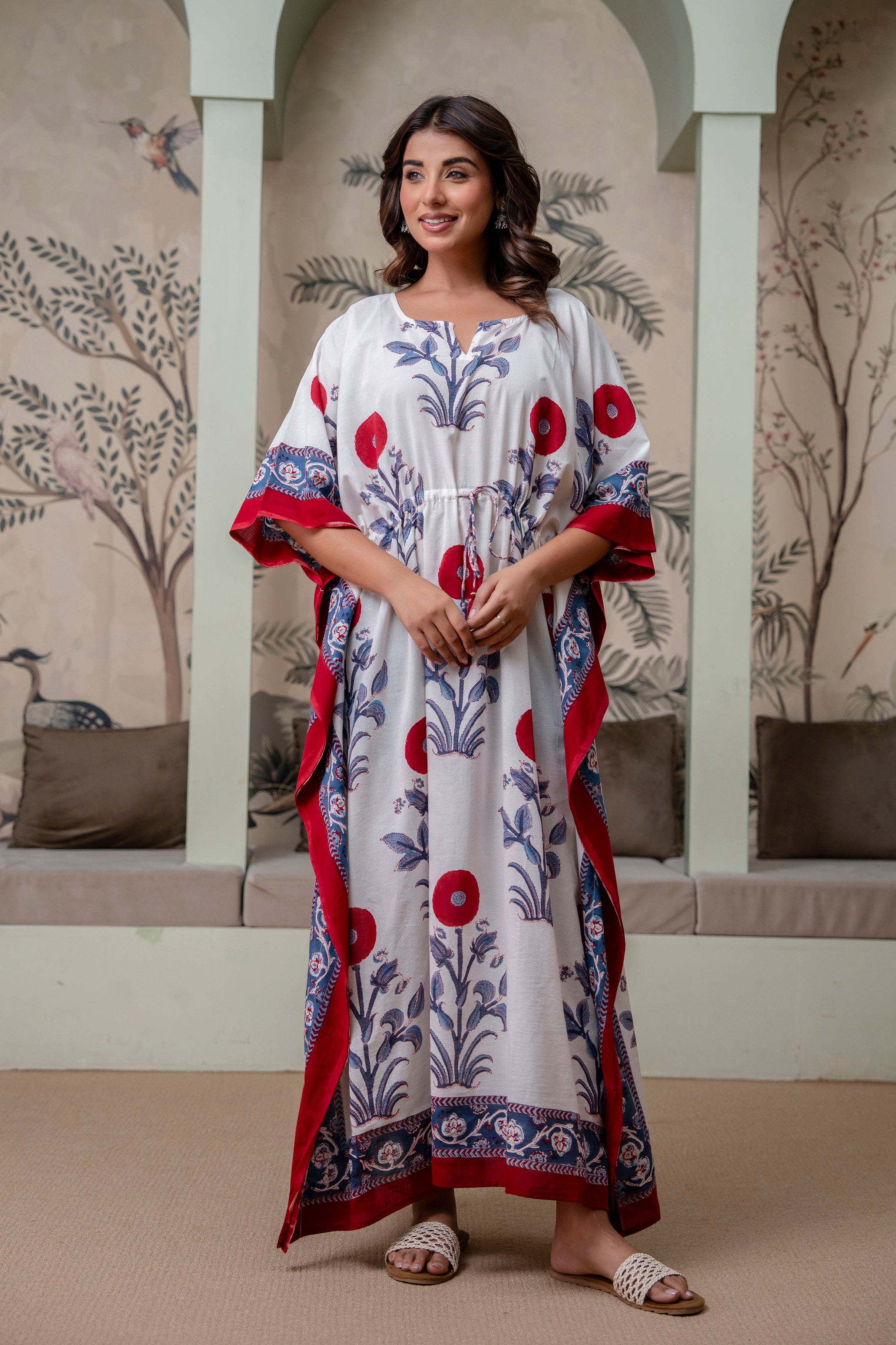 Scarlet Bloom Hand Block Printed Cotton Kaftan