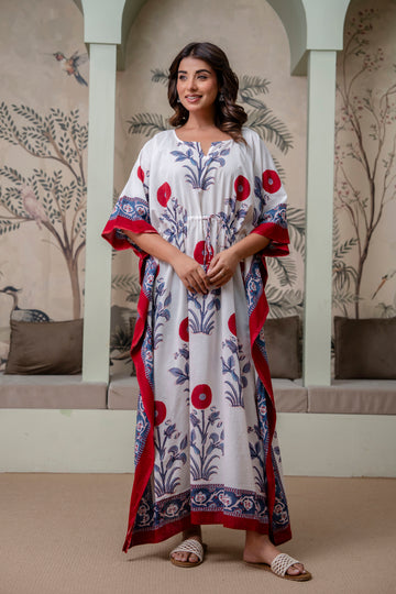 Scarlet Bloom Hand Block Printed Cotton Kaftan