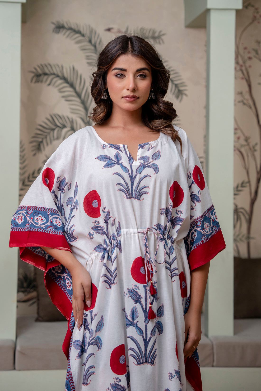 Scarlet Bloom Hand Block Printed Cotton Kaftan