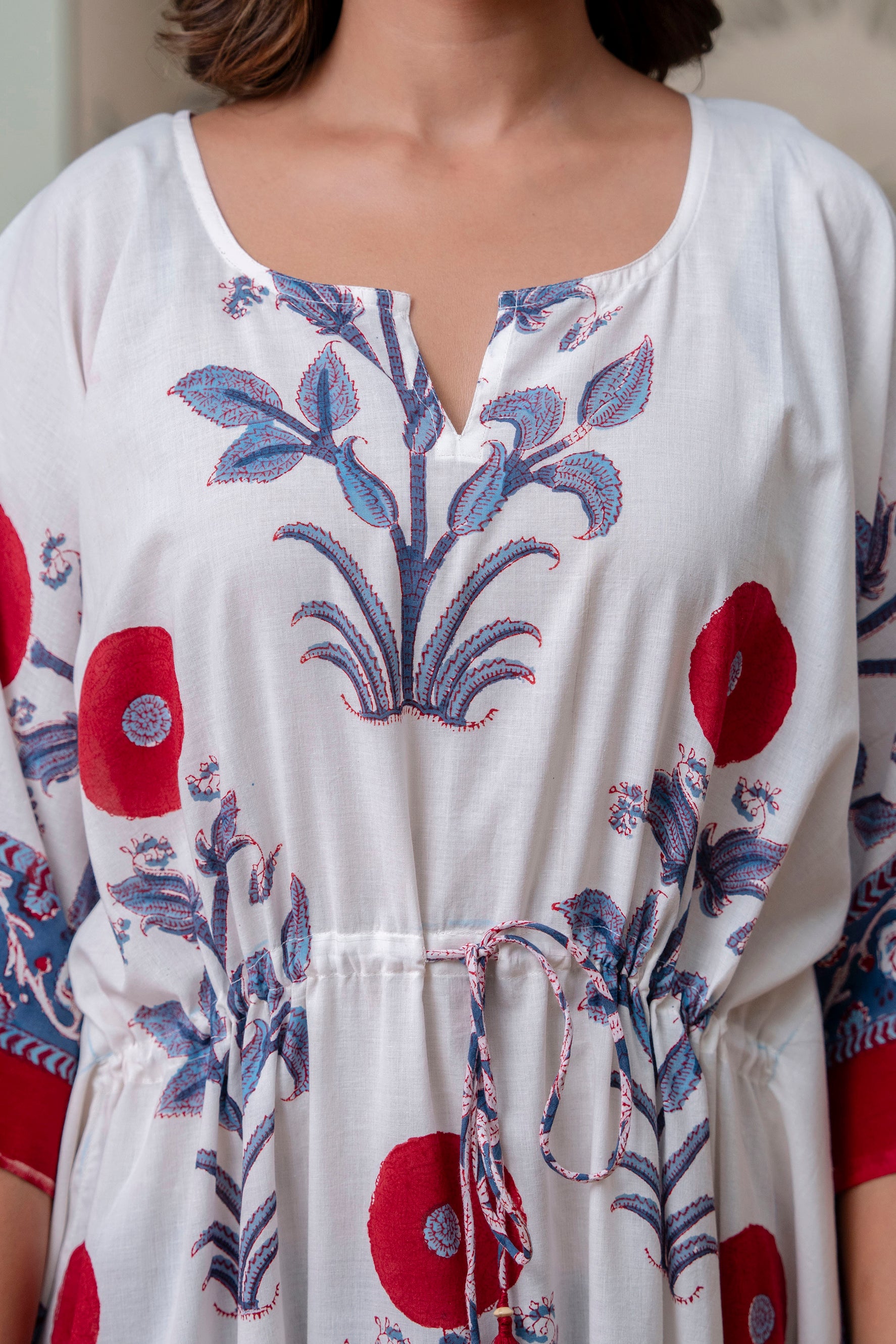 Scarlet Bloom Hand Block Printed Cotton Kaftan