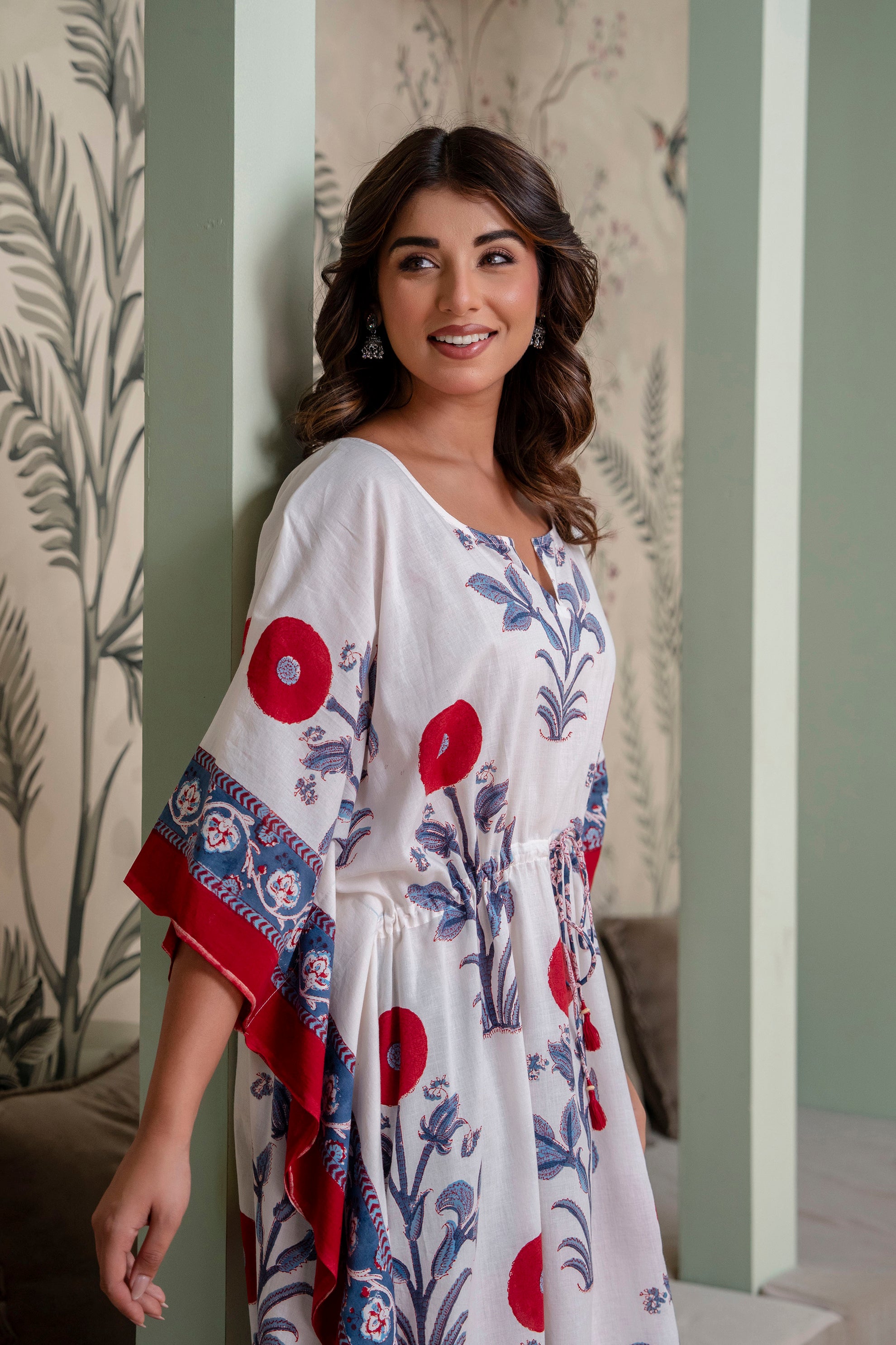Scarlet Bloom Hand Block Printed Cotton Kaftan