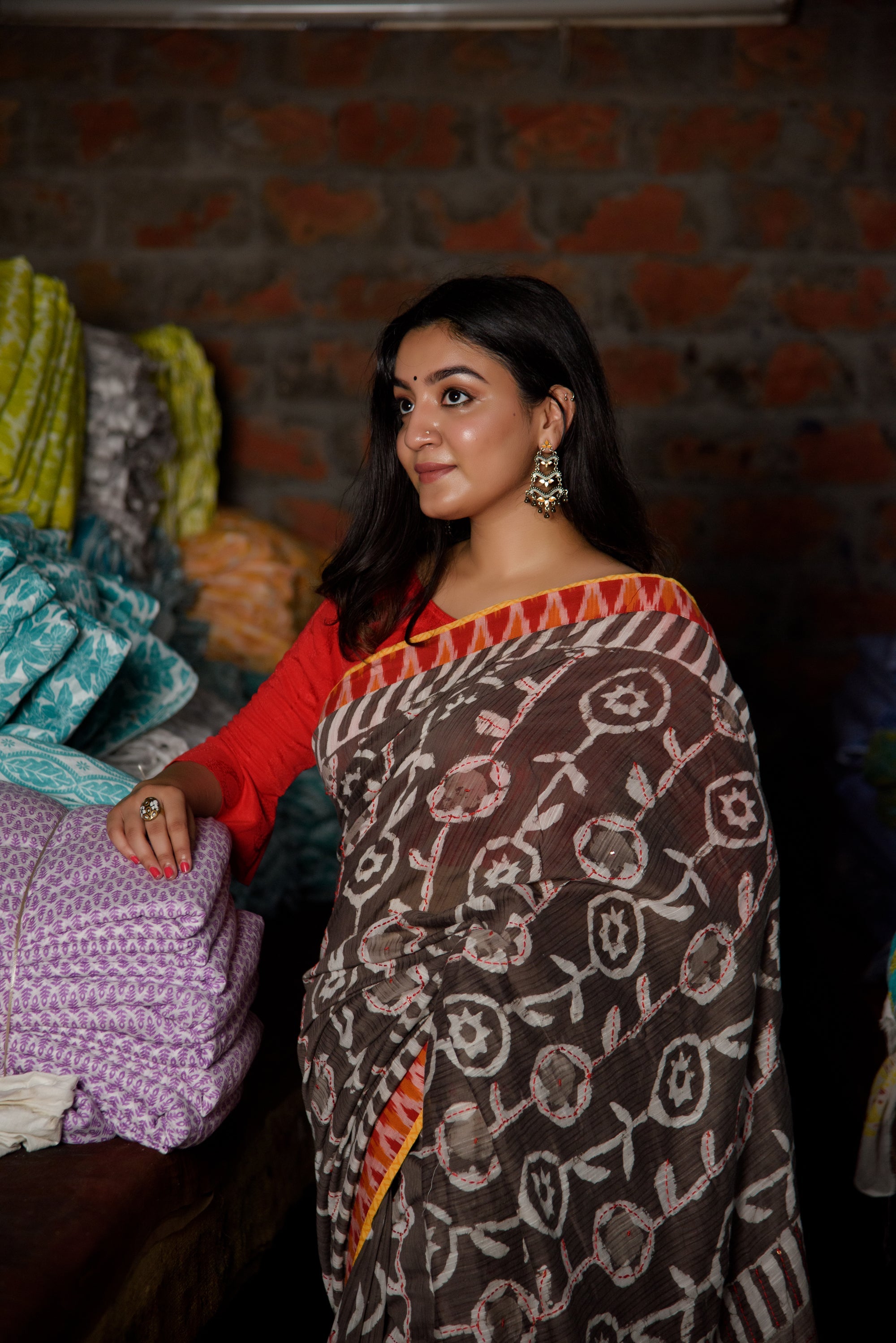 Chanderi Silk Dabu Saree in Katha work