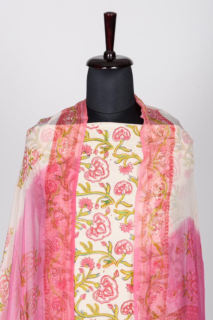 Block print dress material in Cotton cambric with Chiffon dupatta.