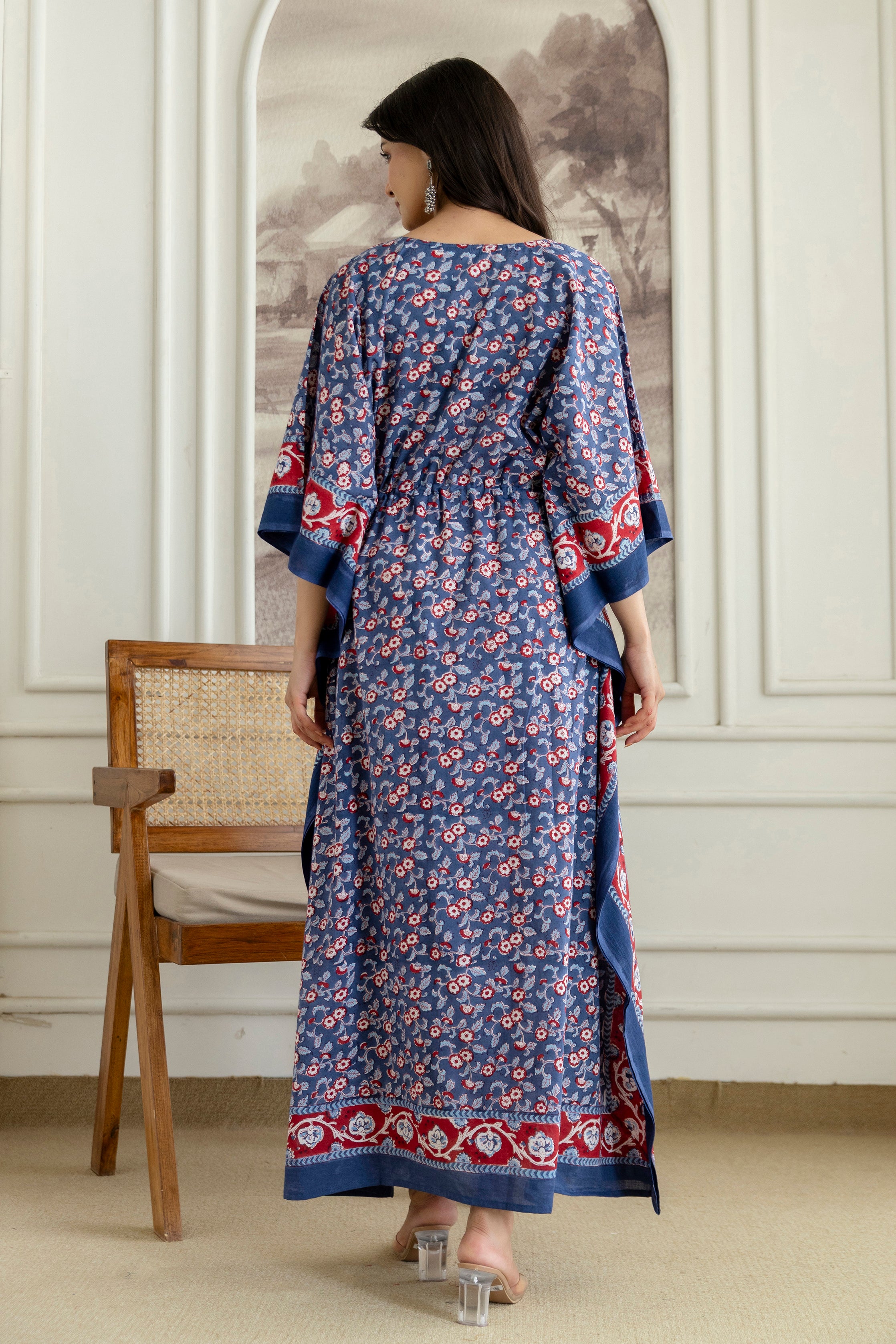 Blue Blossom Hand Block Printed Cotton Kaftan