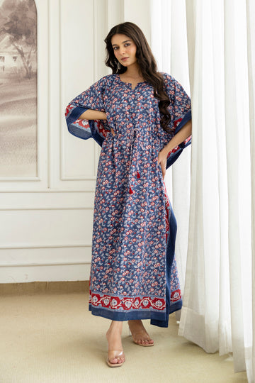 Blue Blossom Hand Block Printed Cotton Kaftan