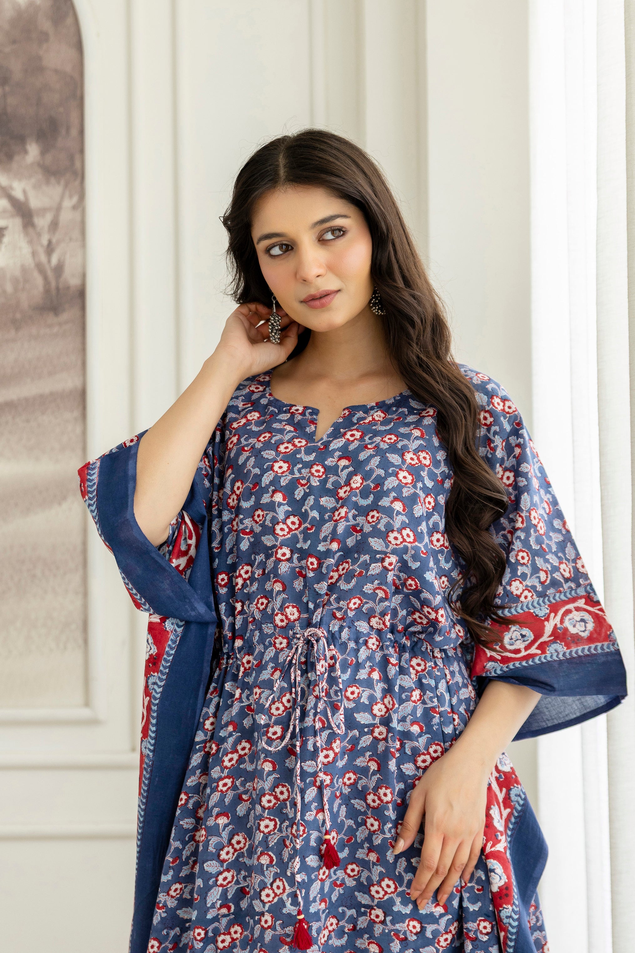 Blue Blossom Hand Block Printed Cotton Kaftan