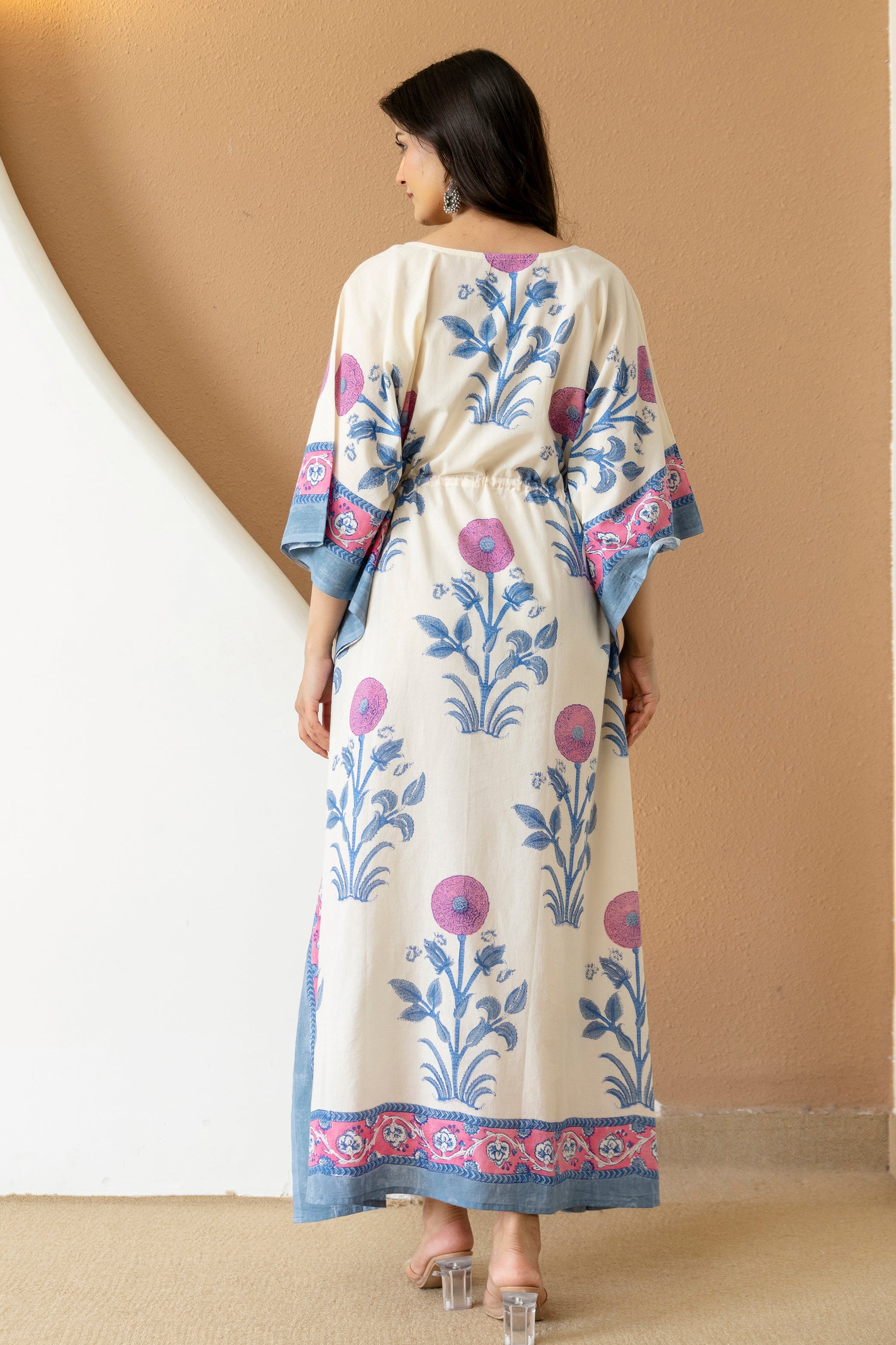 Ivory Bloom Hand Block Printed Cotton Kaftan