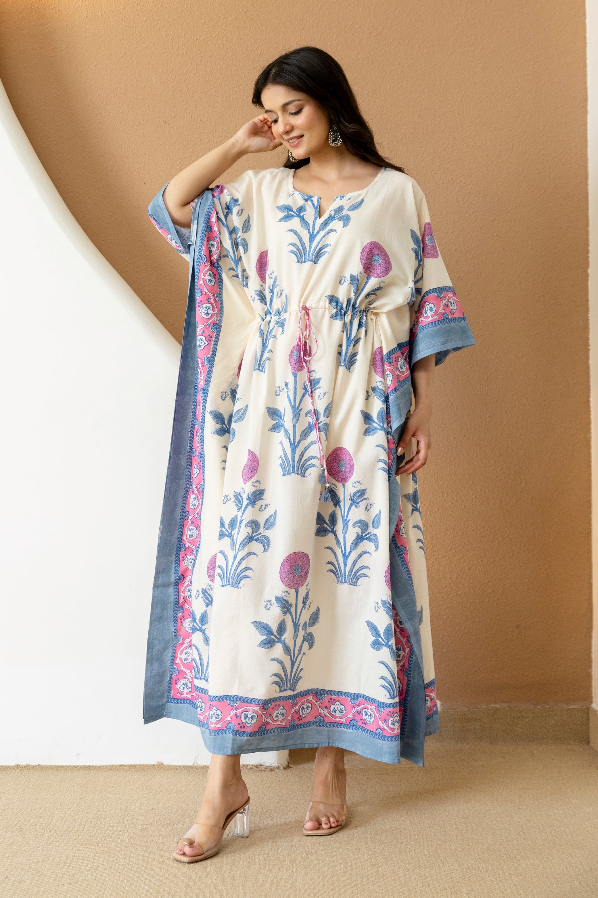 Ivory Bloom Hand Block Printed Cotton Kaftan