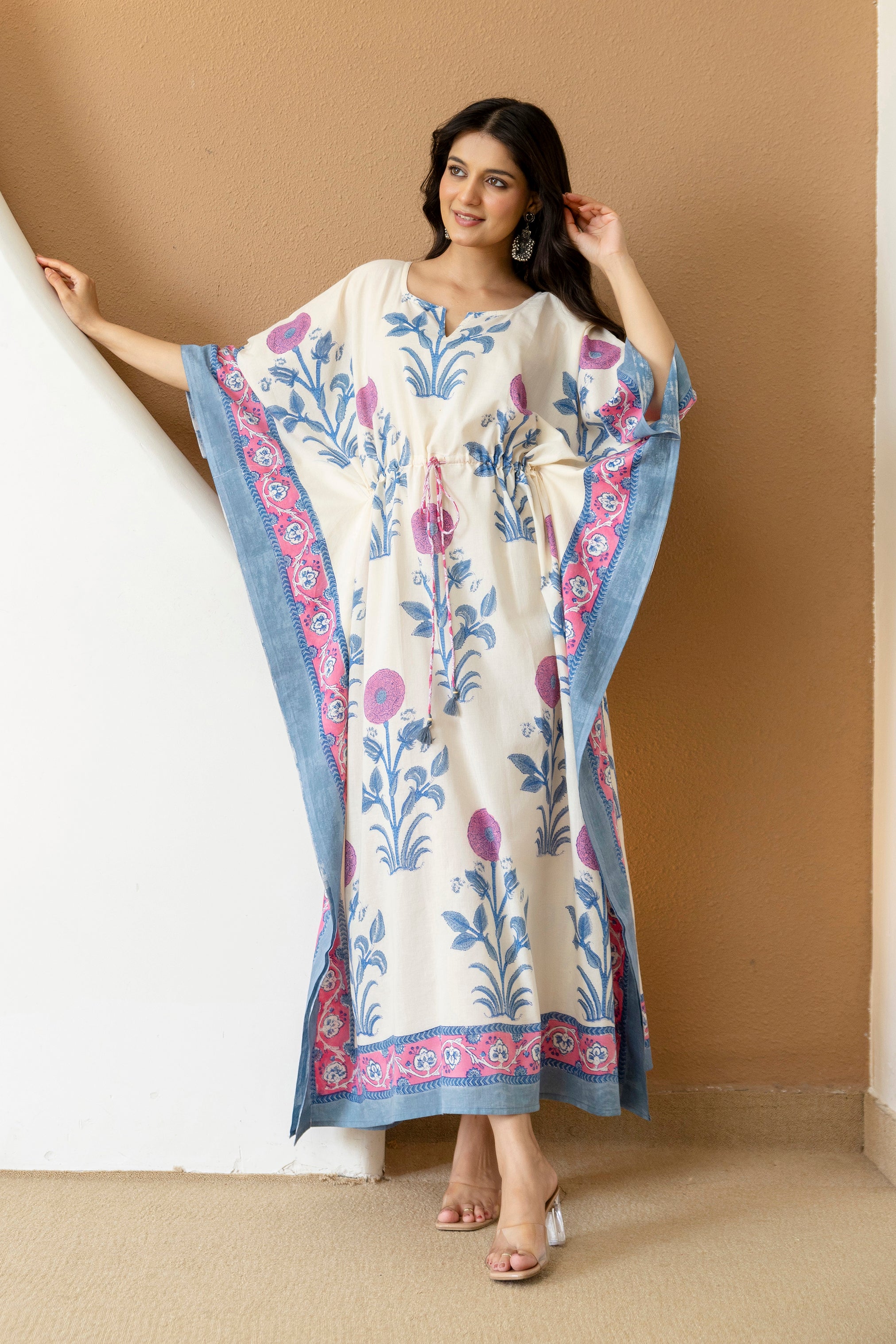 Ivory Bloom Hand Block Printed Cotton Kaftan