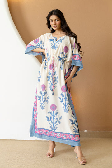 Ivory Bloom Hand Block Printed Cotton Kaftan