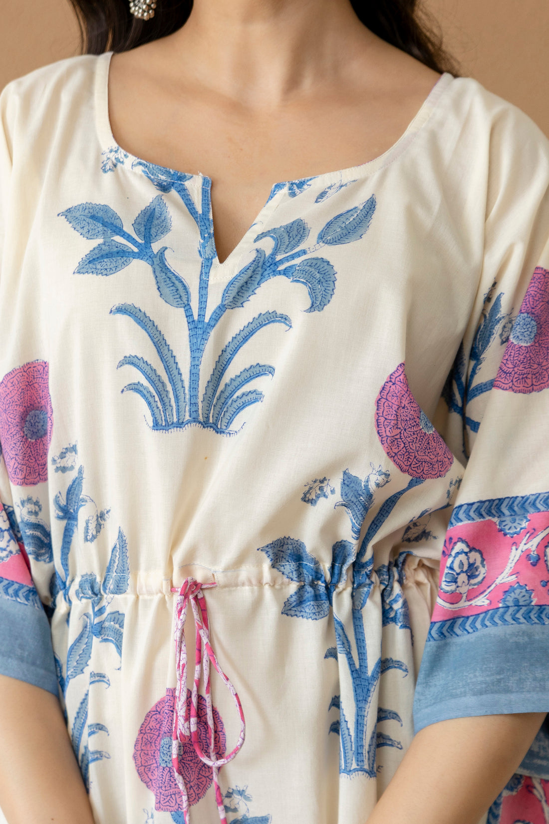 Ivory Bloom Hand Block Printed Cotton Kaftan