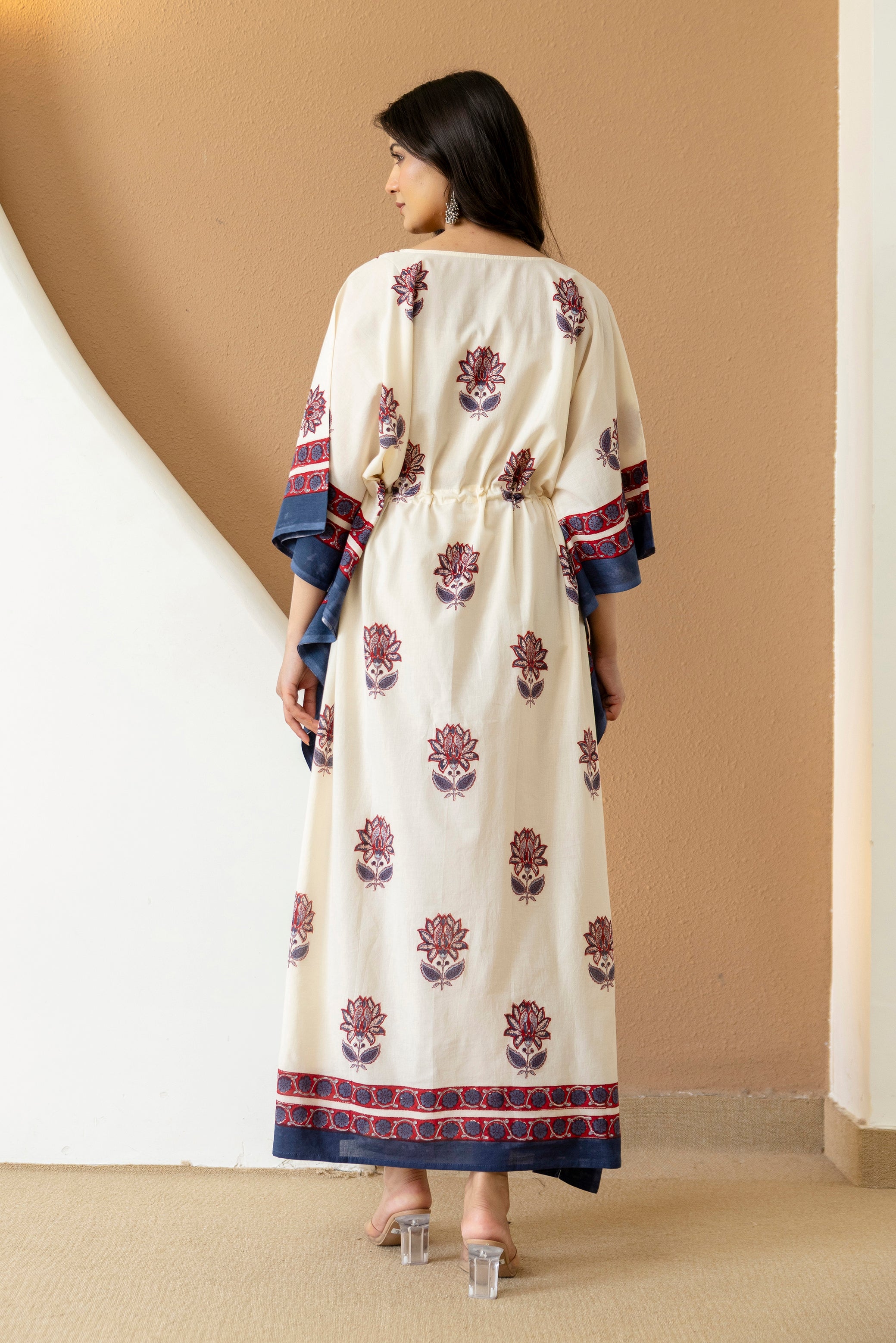 Lotus Ivory Hand Block Printed Cotton Kaftan