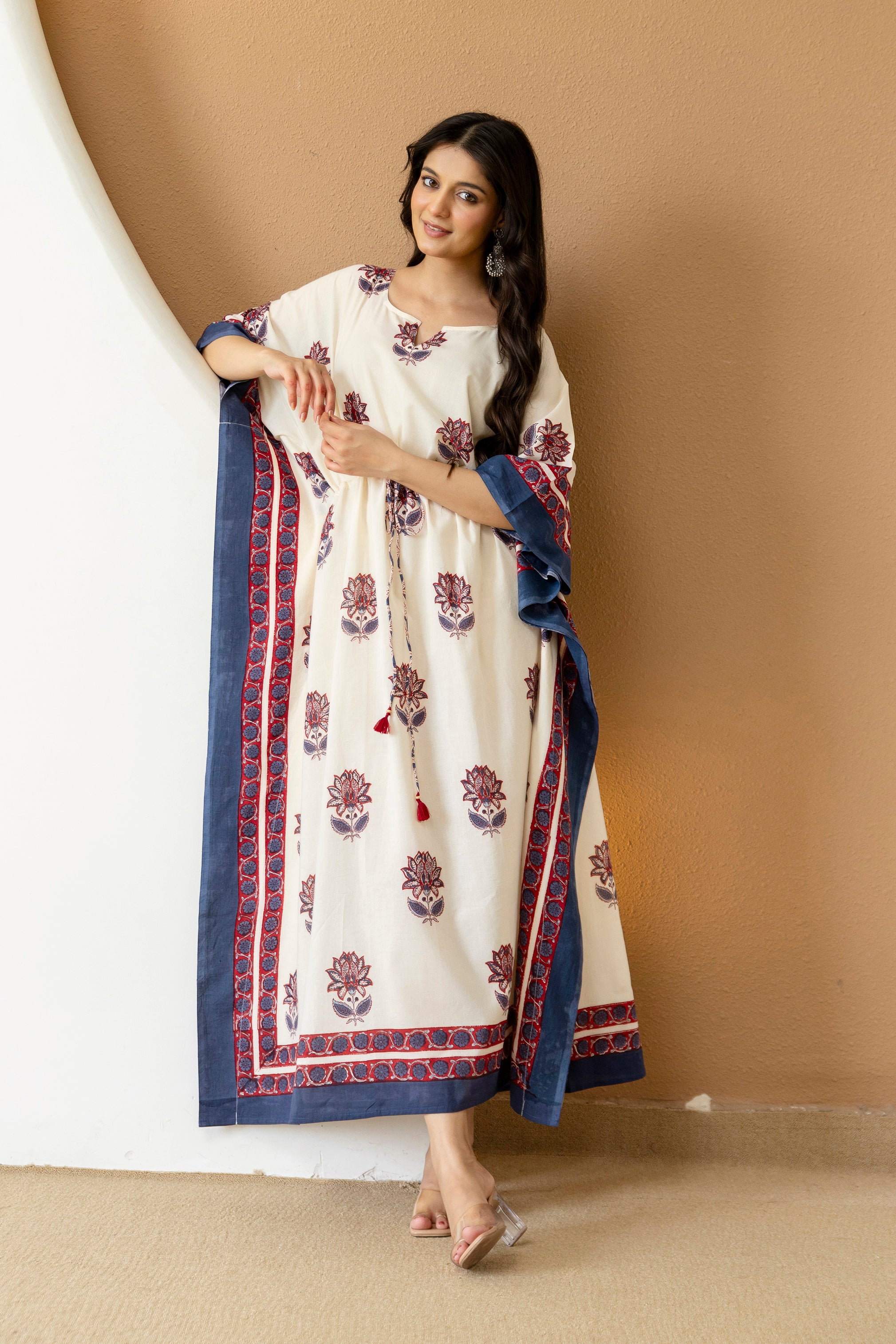 Lotus Ivory Hand Block Printed Cotton Kaftan