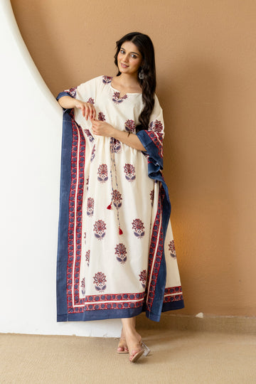 Lotus Ivory Hand Block Printed Cotton Kaftan