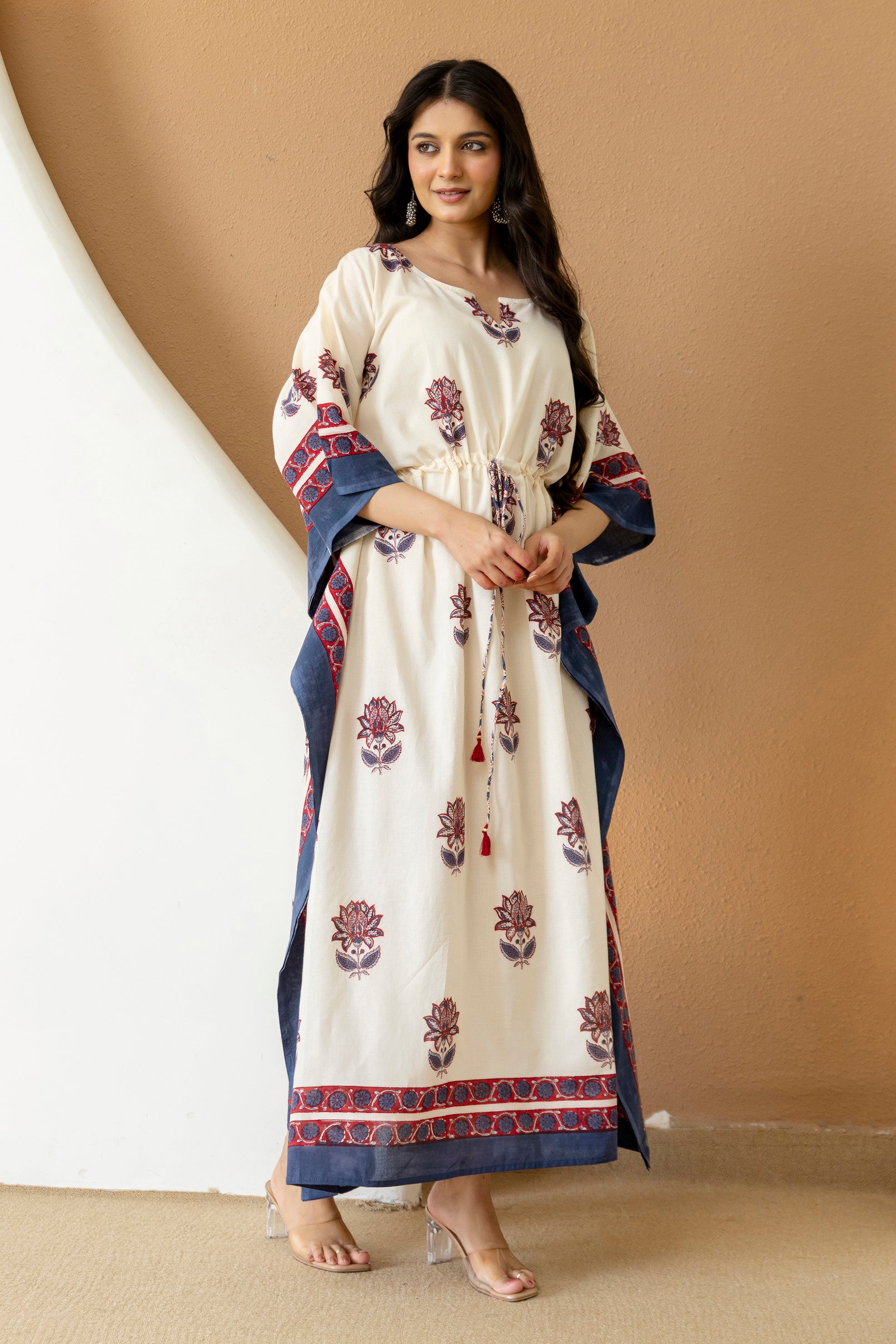 Lotus Ivory Hand Block Printed Cotton Kaftan