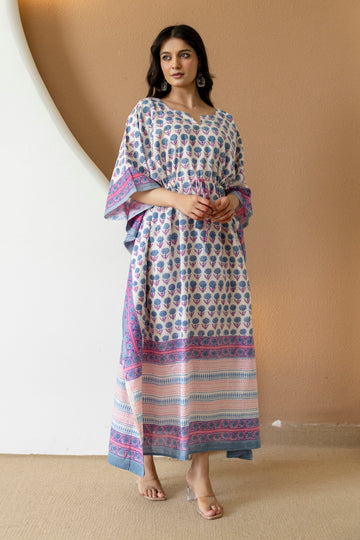 Soft Bloom Hand Block Printed Cotton Kaftan