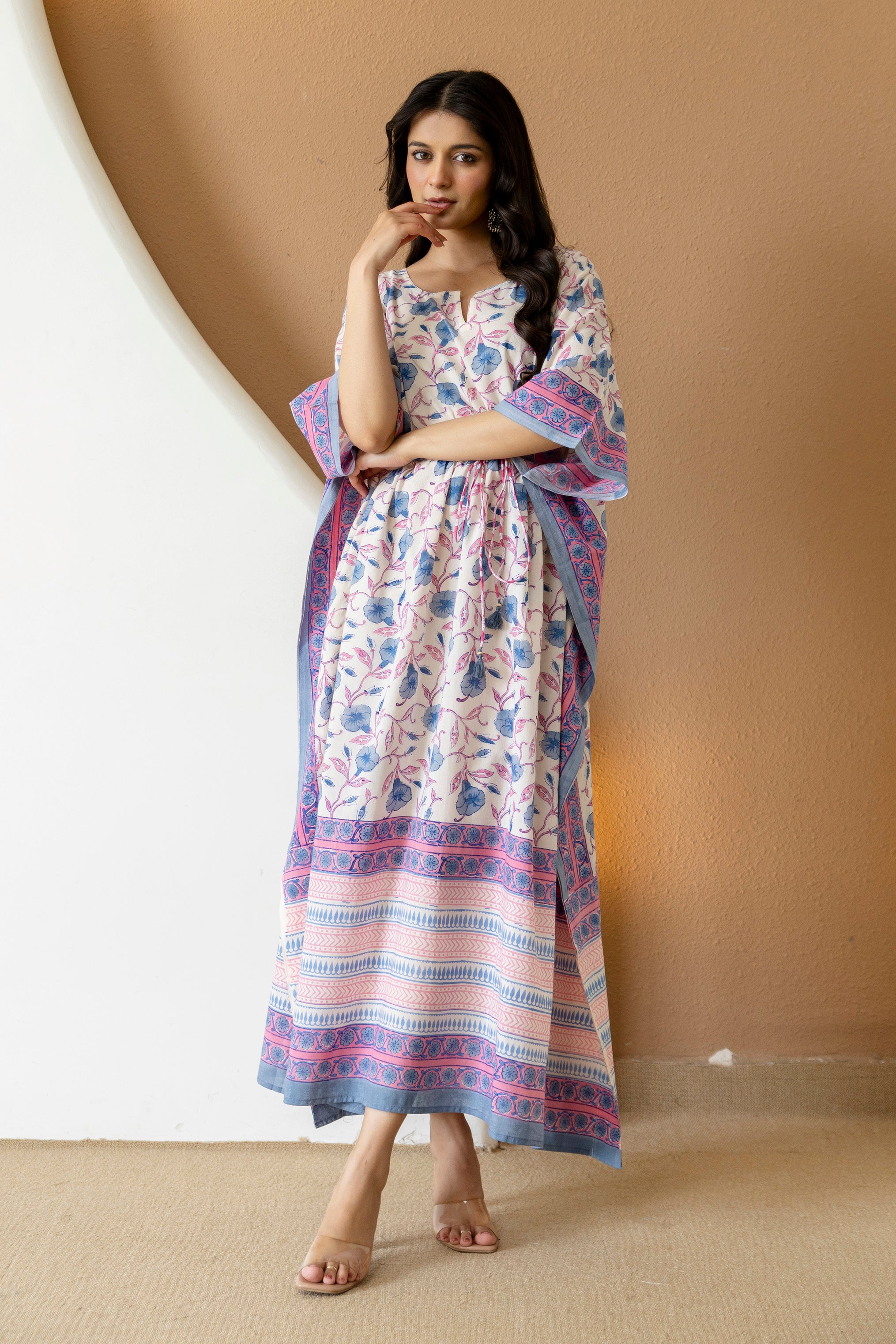 Blue Vine Hand Block Printed Cotton Kaftan
