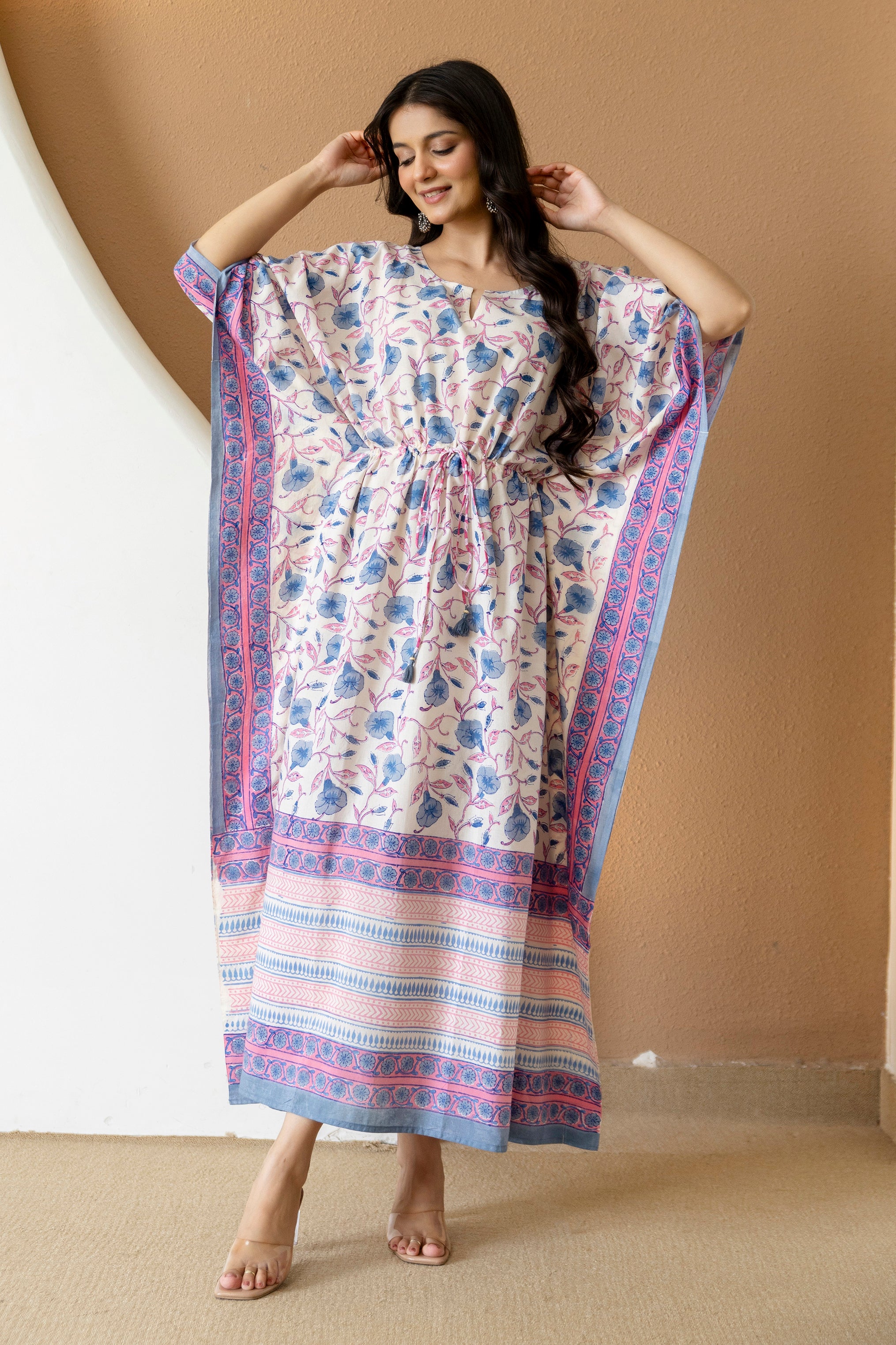 Blue Vine Hand Block Printed Cotton Kaftan