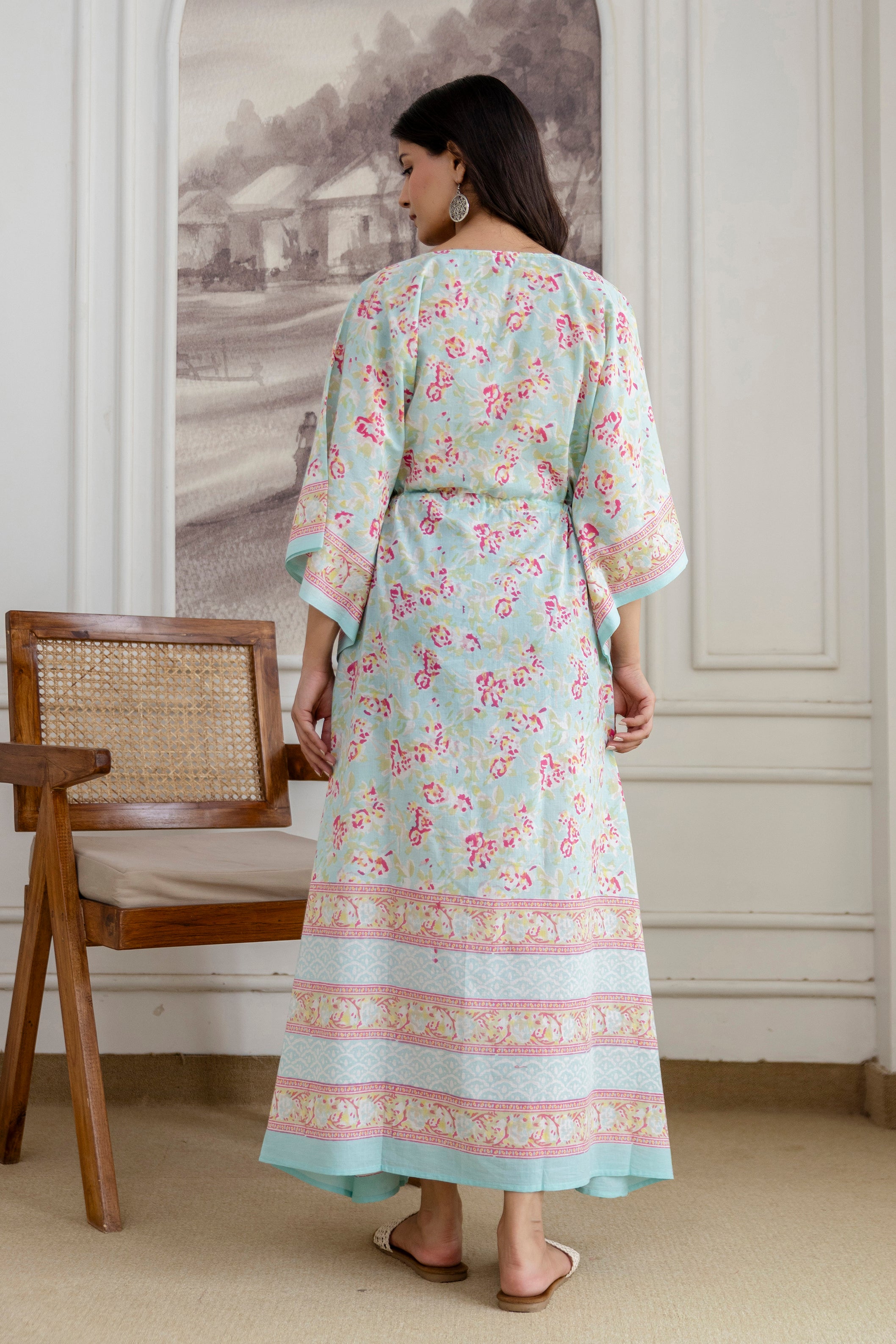 Mint Petal Hand Block Printed Cotton Kaftan