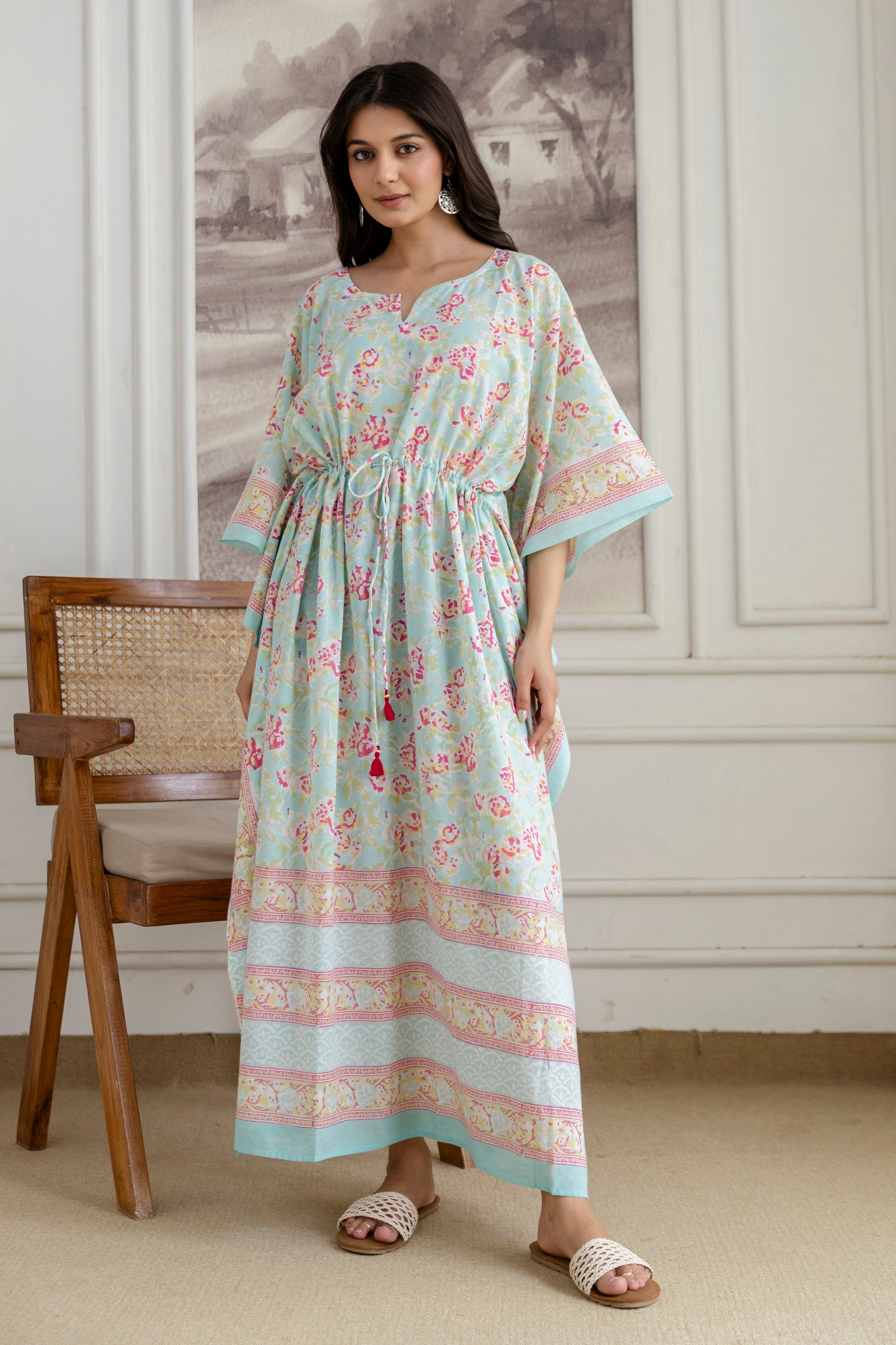 Mint Petal Hand Block Printed Cotton Kaftan