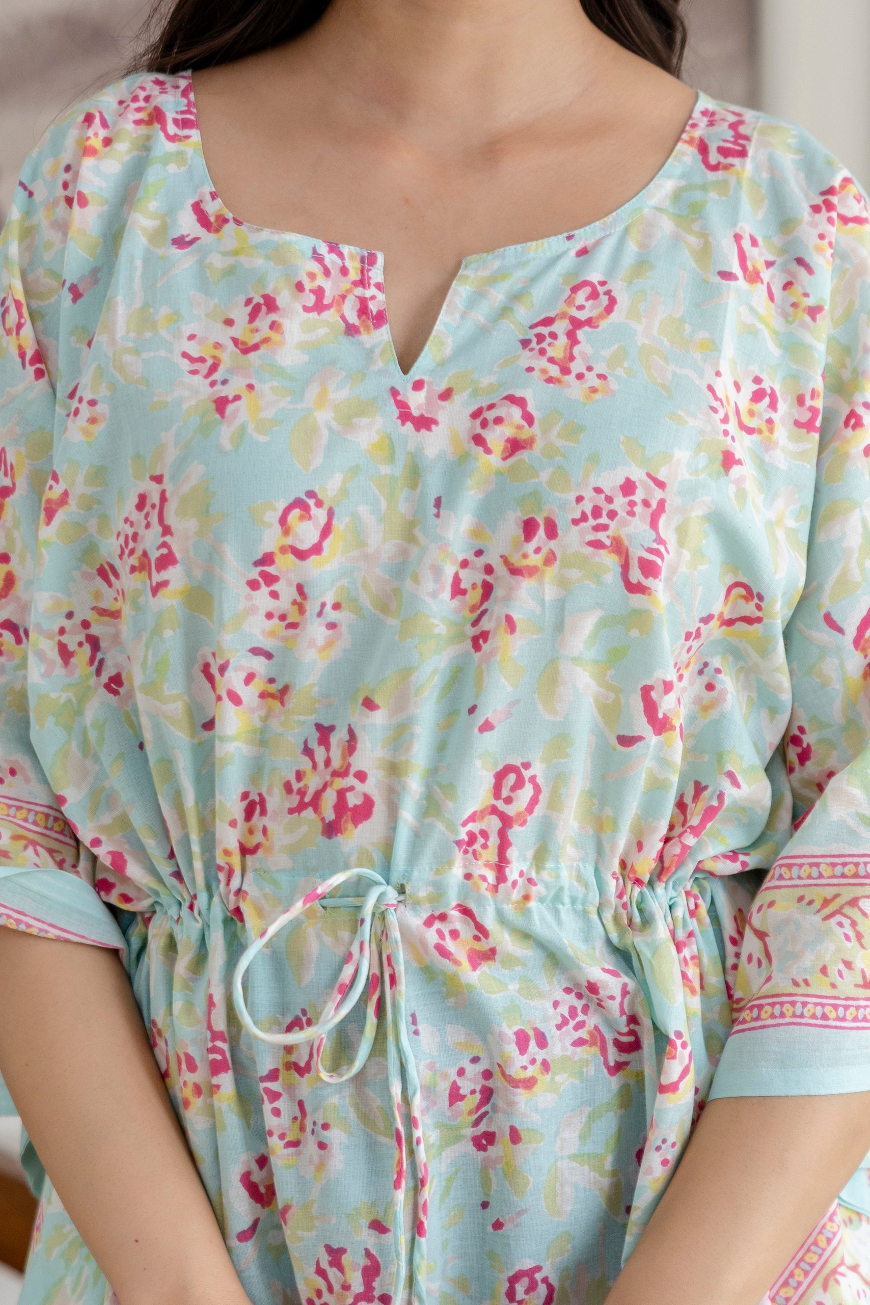 Mint Petal Hand Block Printed Cotton Kaftan