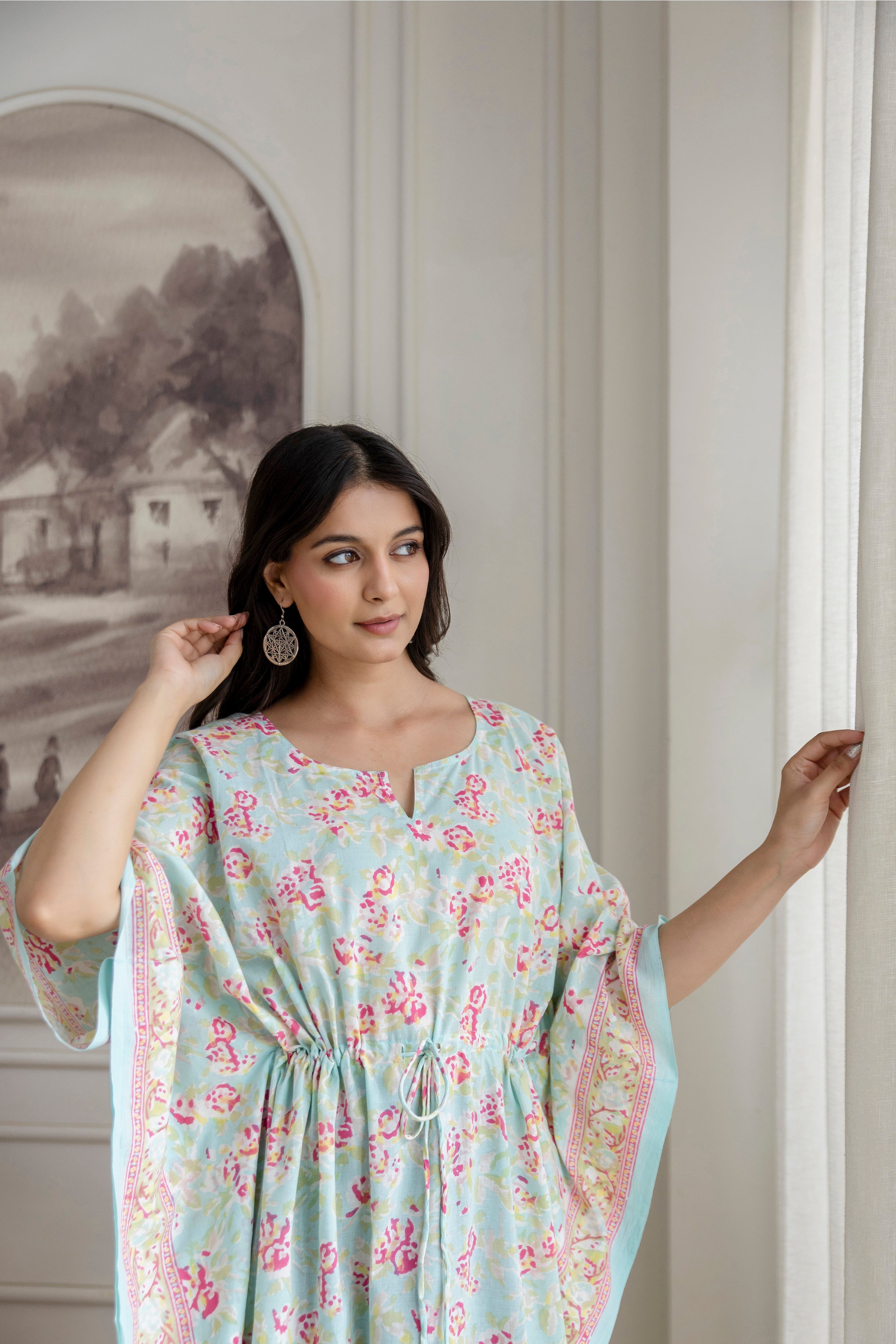 Mint Petal Hand Block Printed Cotton Kaftan