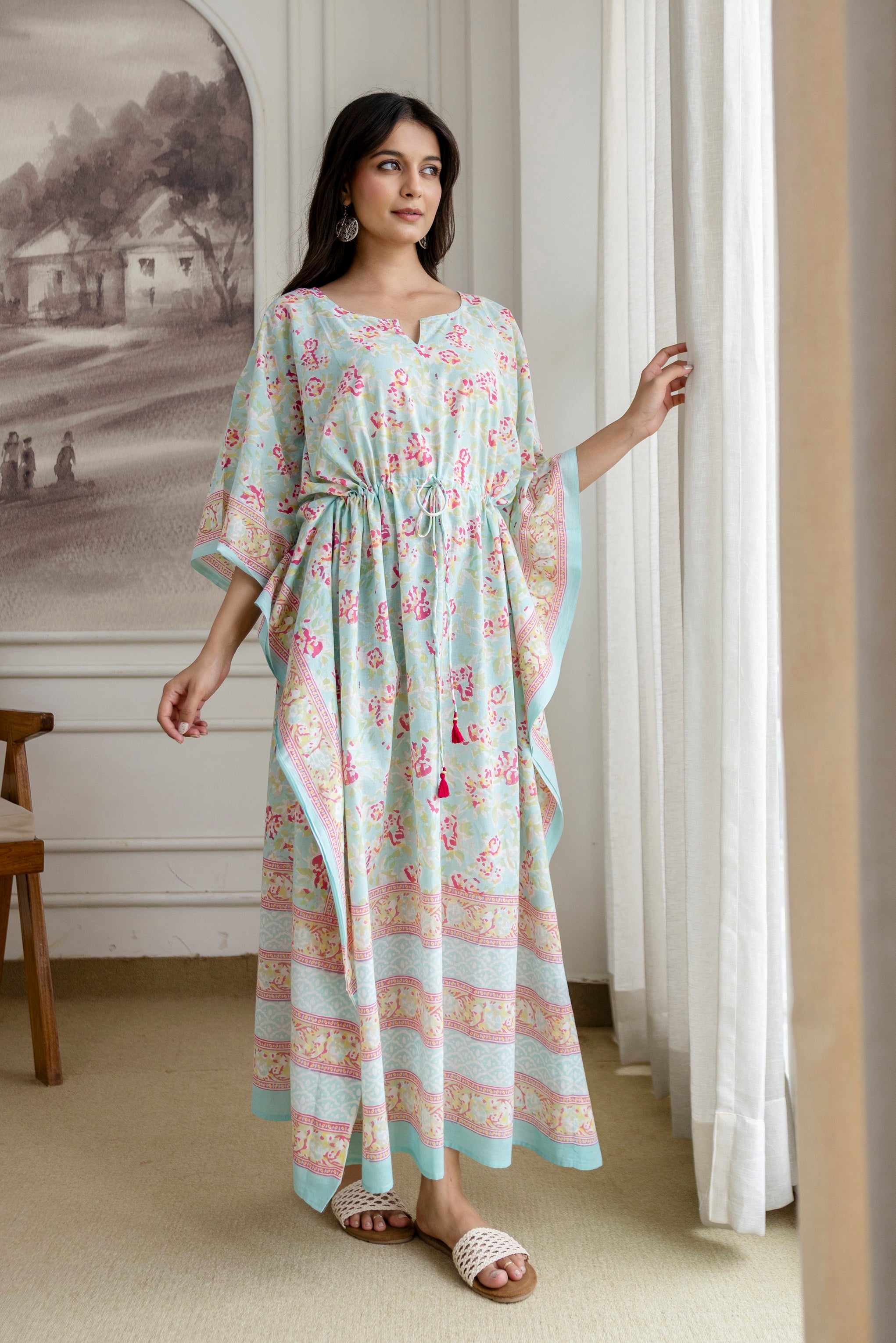 Mint Petal Hand Block Printed Cotton Kaftan