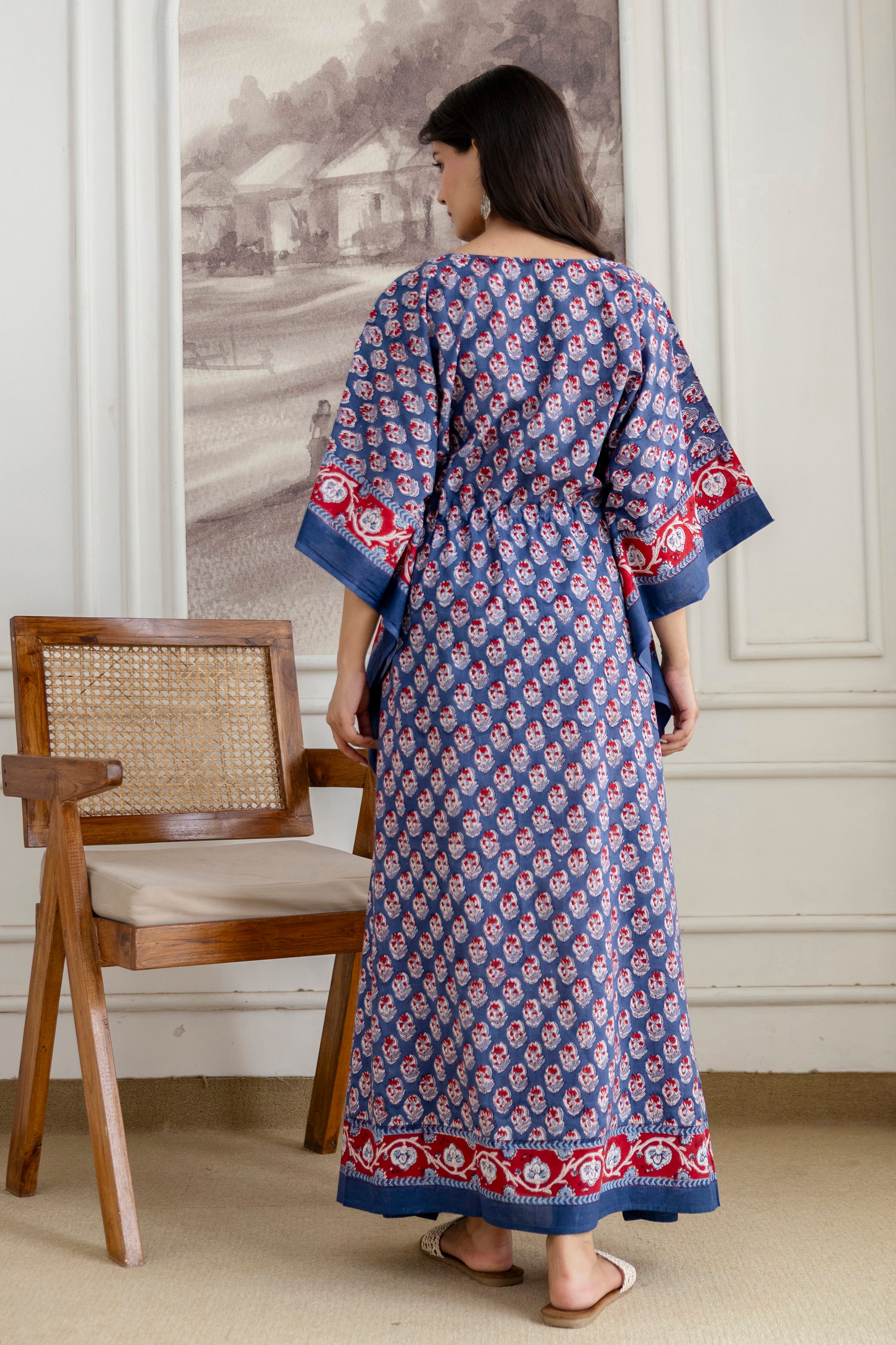Indigo Buti Hand Block Printed Cotton Kaftan