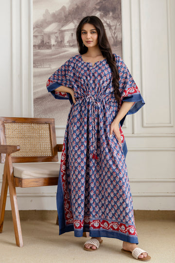 Indigo Buti Hand Block Printed Cotton Kaftan