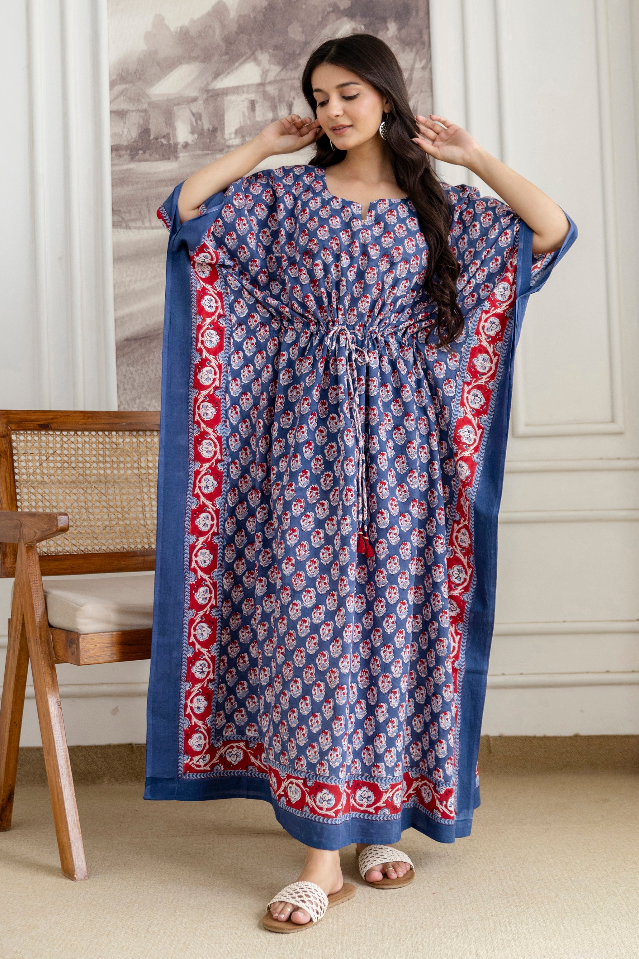 Indigo Buti Hand Block Printed Cotton Kaftan