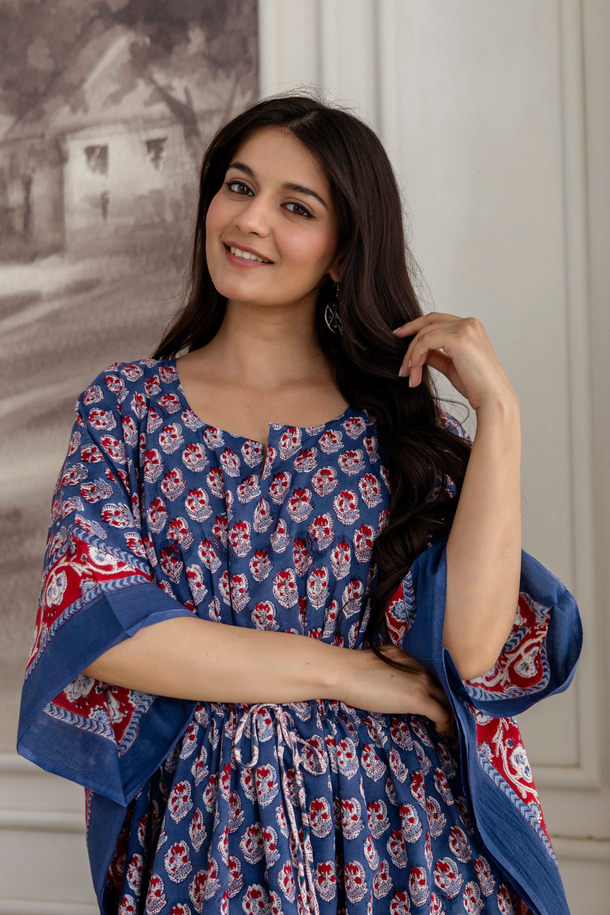 Indigo Buti Hand Block Printed Cotton Kaftan