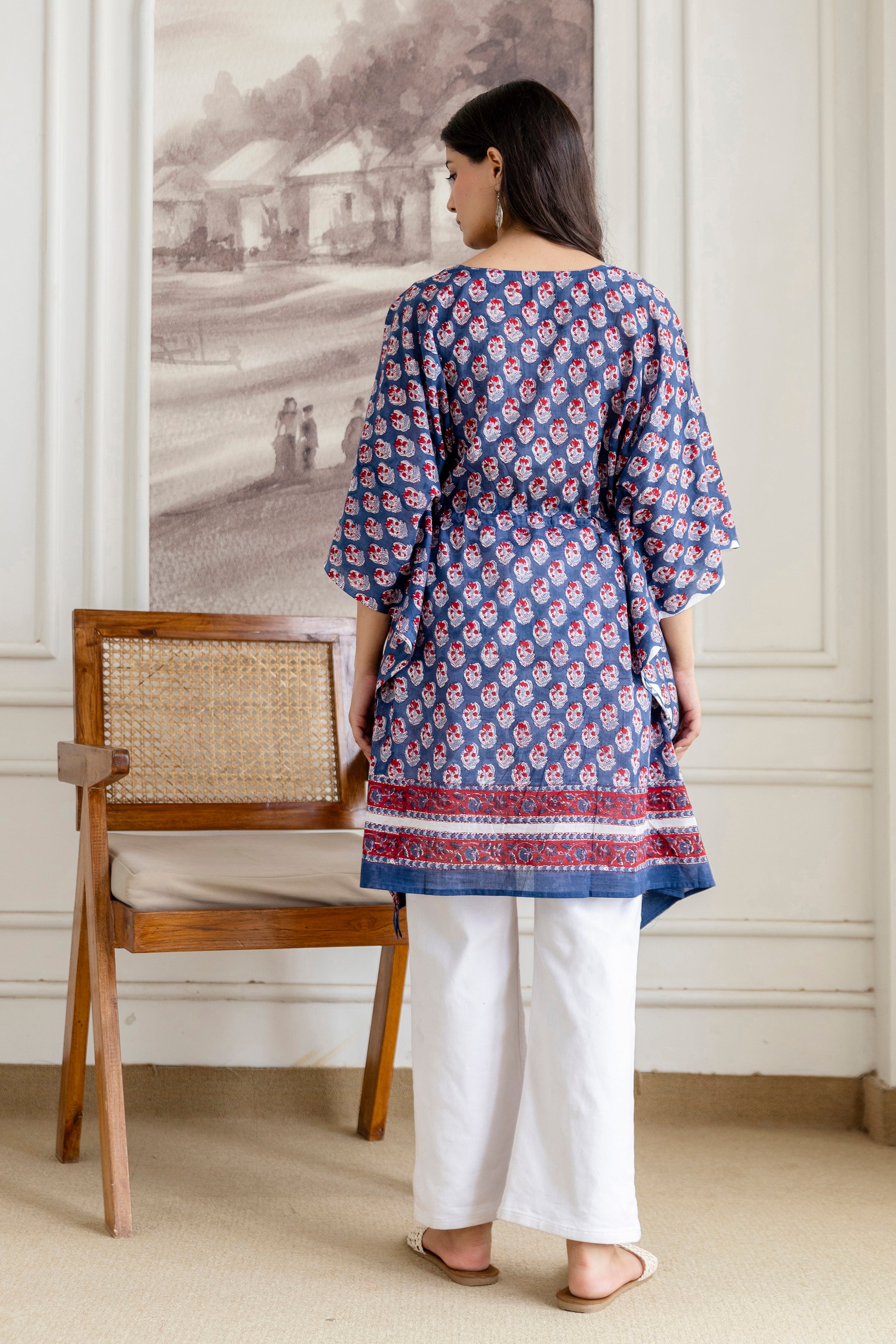 Indigo Buti Hand Block Printed Cotton Short Kaftan