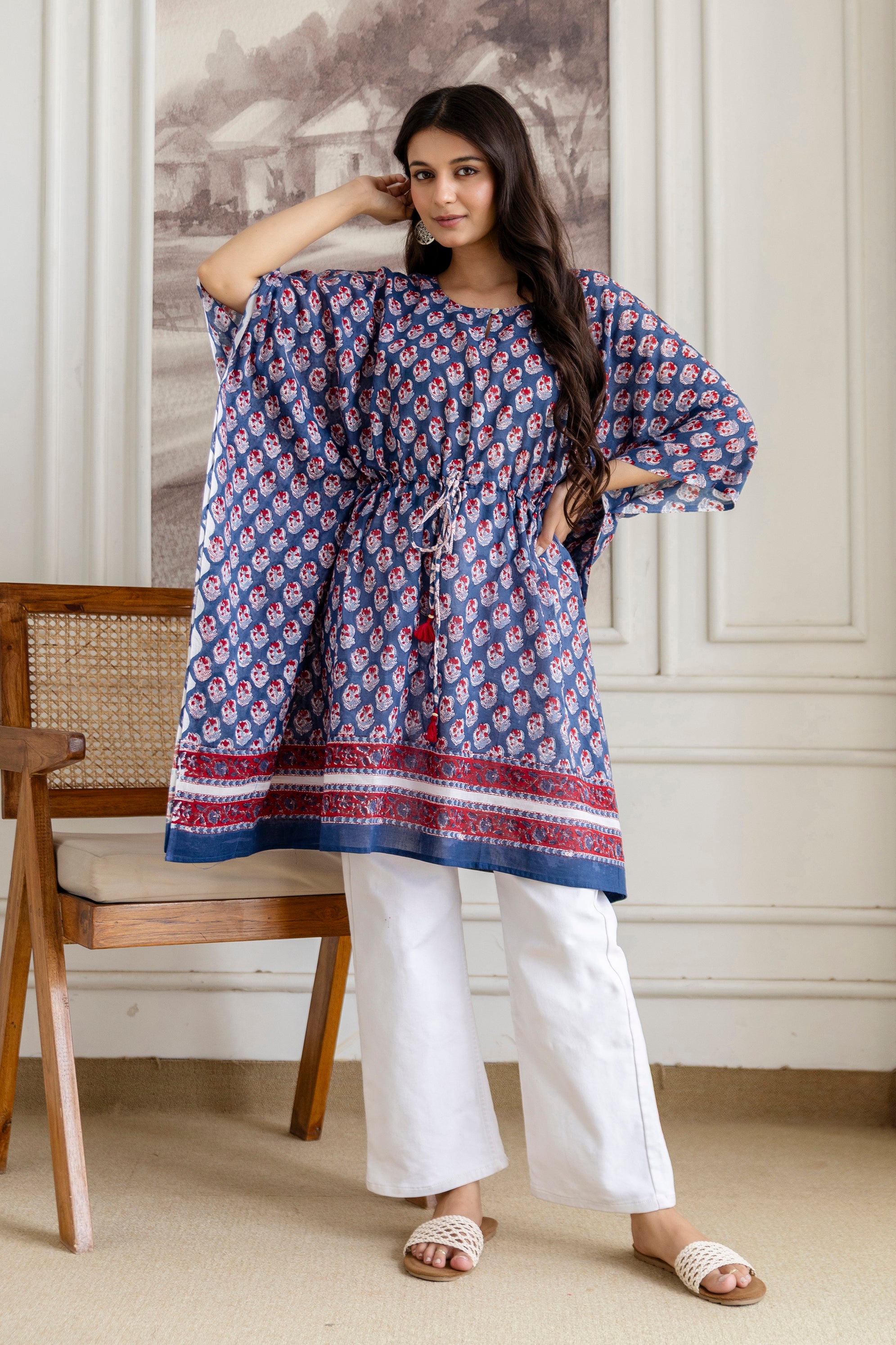 Indigo Buti Hand Block Printed Cotton Short Kaftan