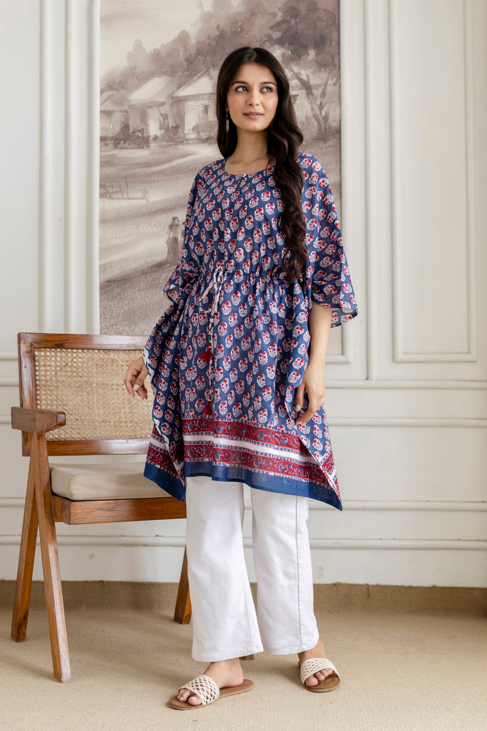 Indigo Buti Hand Block Printed Cotton Short Kaftan