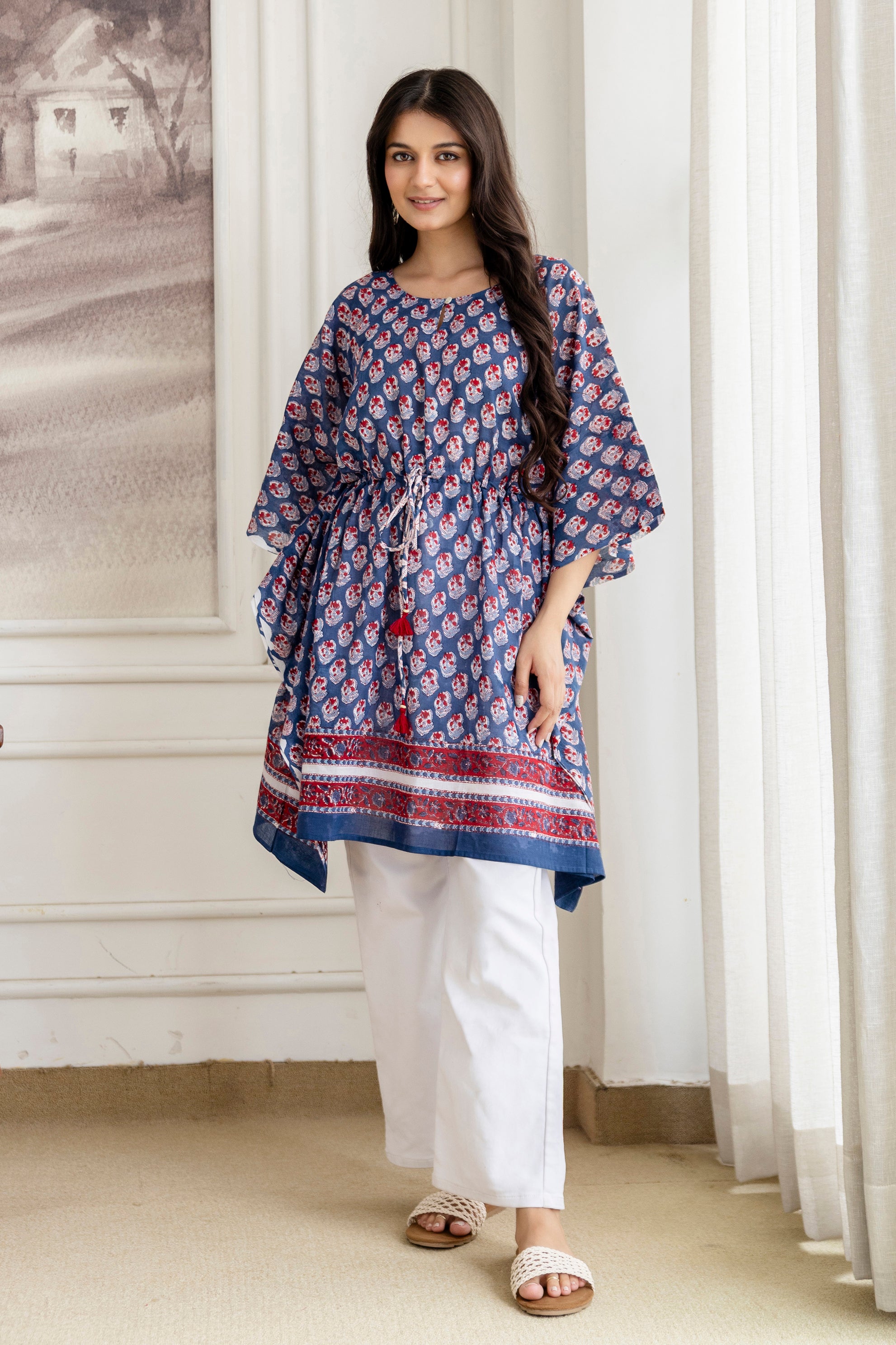 Indigo Buti Hand Block Printed Cotton Short Kaftan