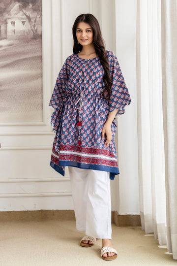 Indigo Buti Hand Block Printed Cotton Short Kaftan