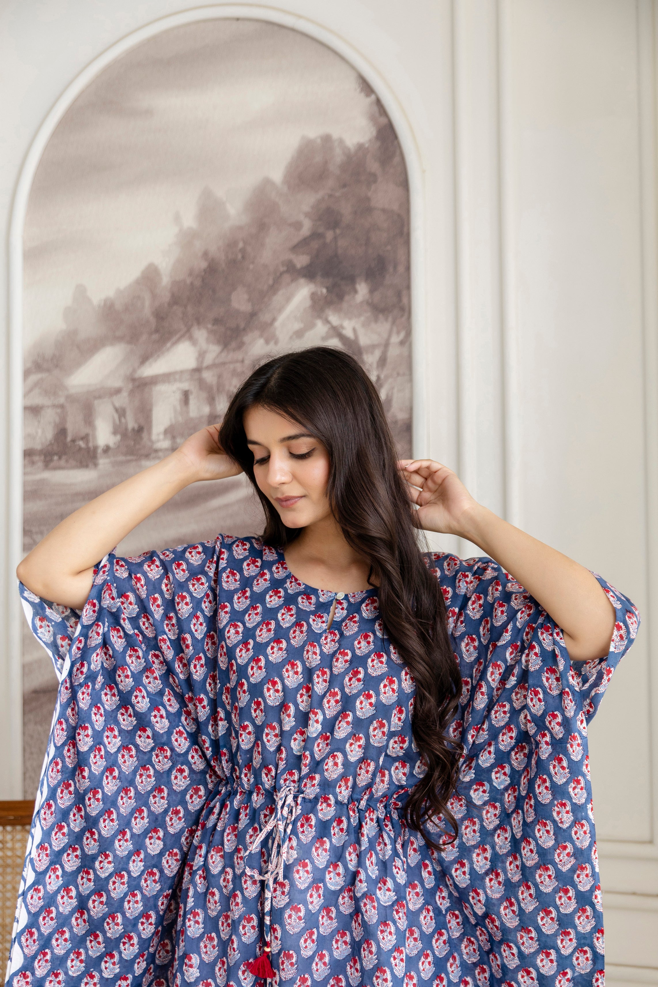 Indigo Buti Hand Block Printed Cotton Short Kaftan