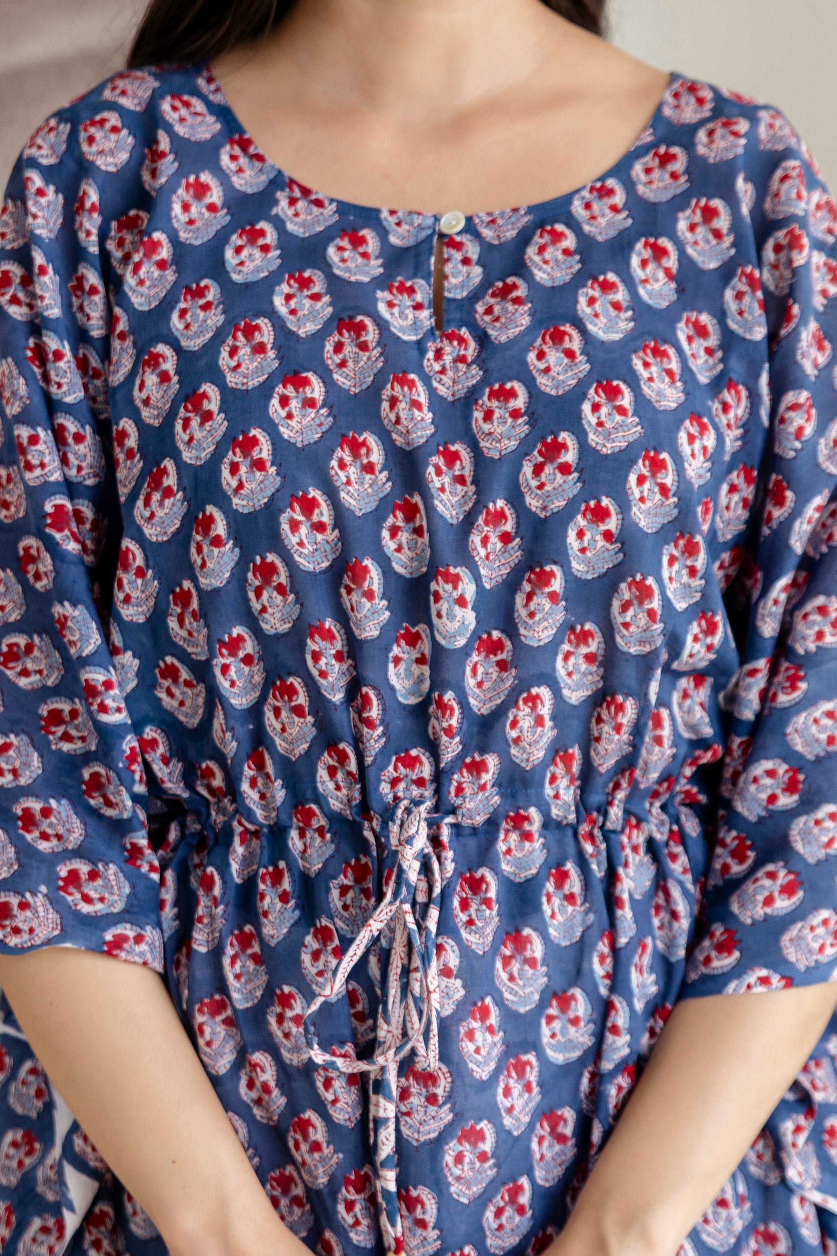 Indigo Buti Hand Block Printed Cotton Short Kaftan