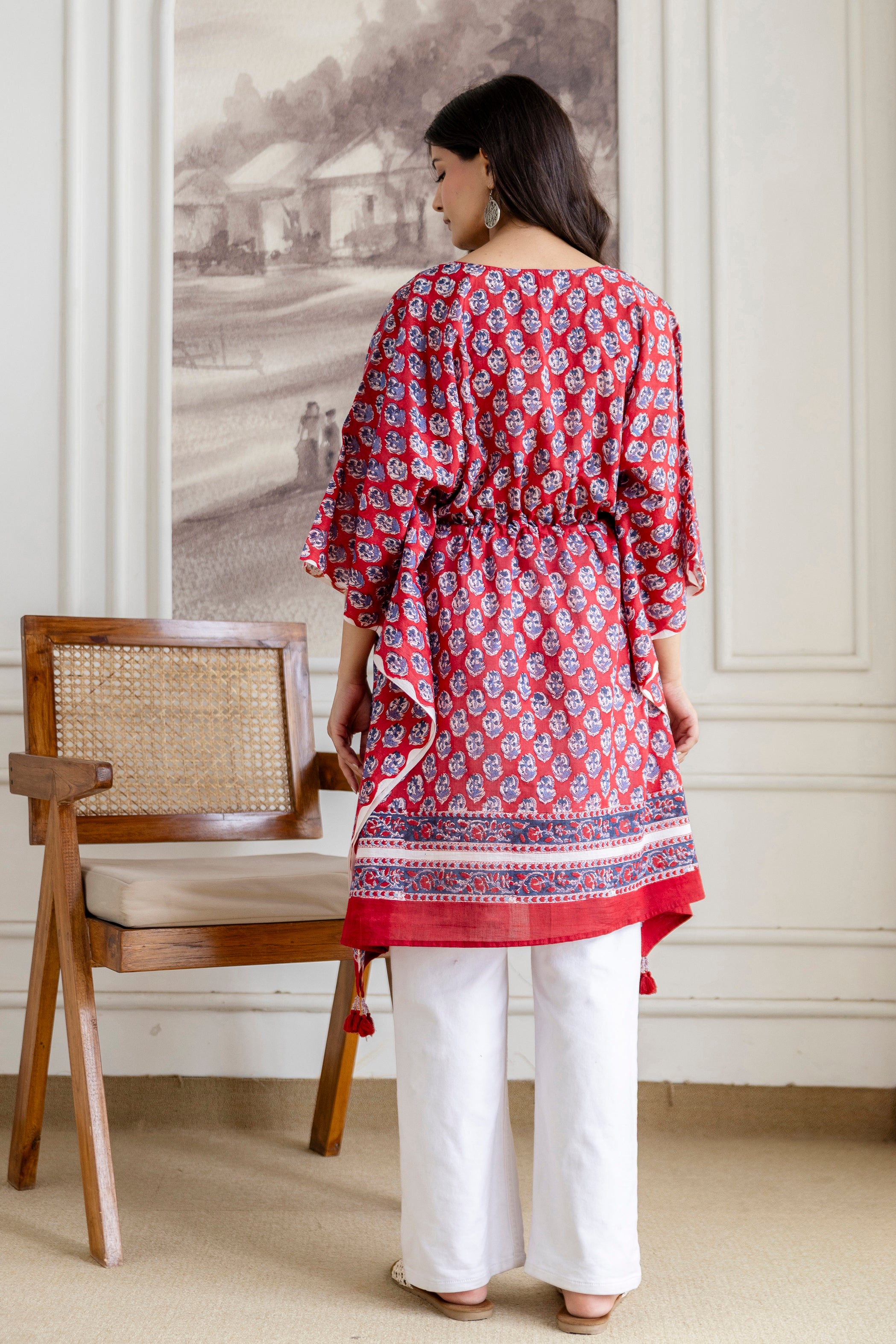 Crimson Red Hand Block Printed Cotton Short Kaftan
