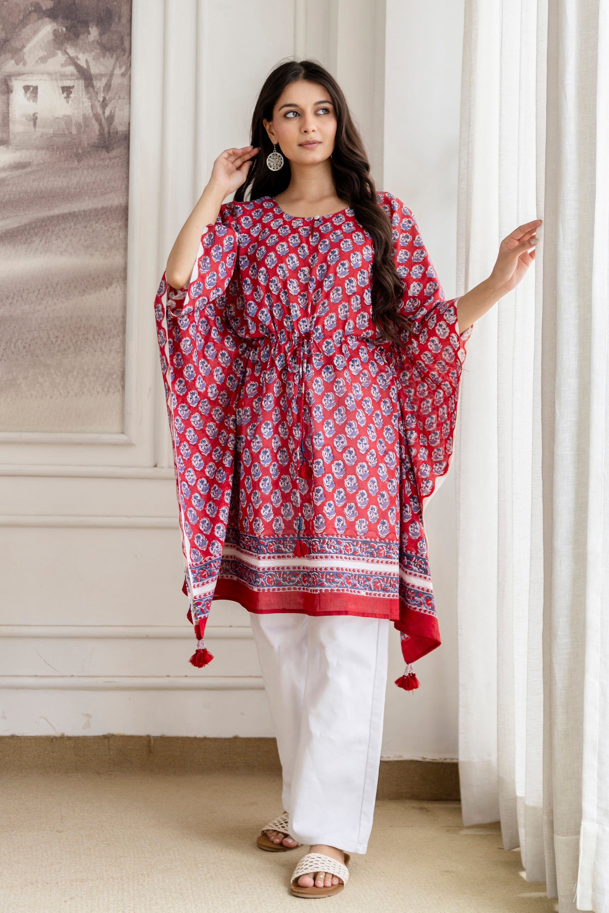 Crimson Red Hand Block Printed Cotton Short Kaftan