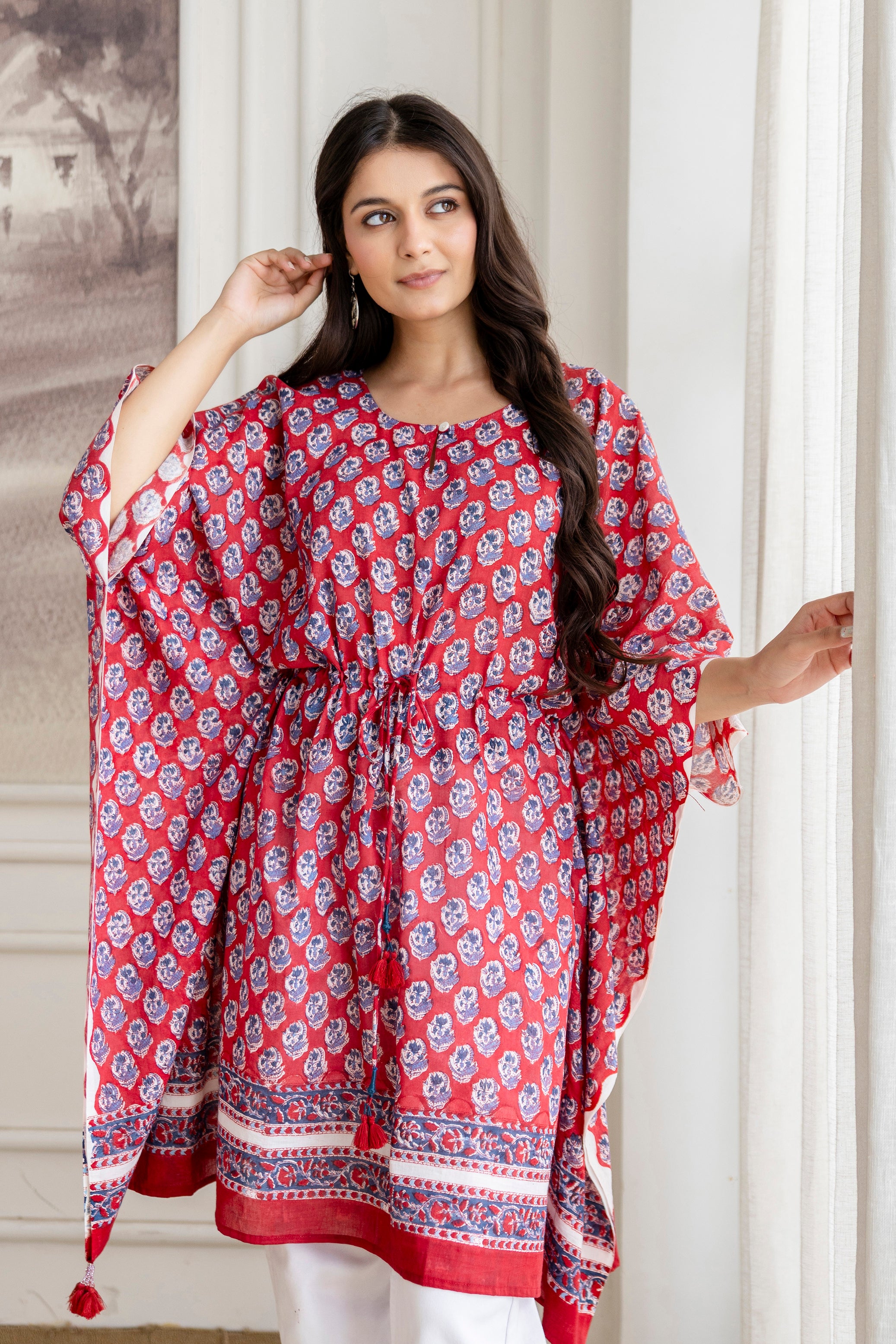 Crimson Red Hand Block Printed Cotton Short Kaftan