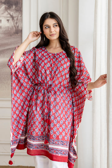 Crimson Red Hand Block Printed Cotton Short Kaftan