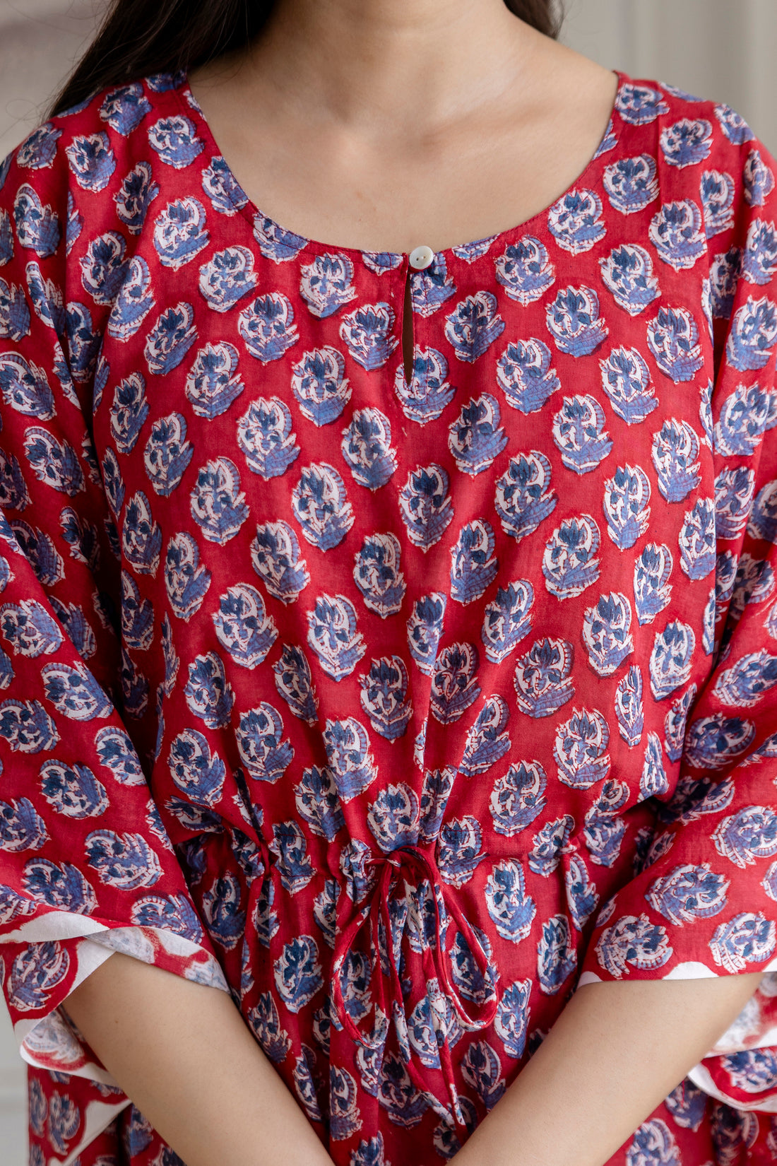Crimson Red Hand Block Printed Cotton Short Kaftan