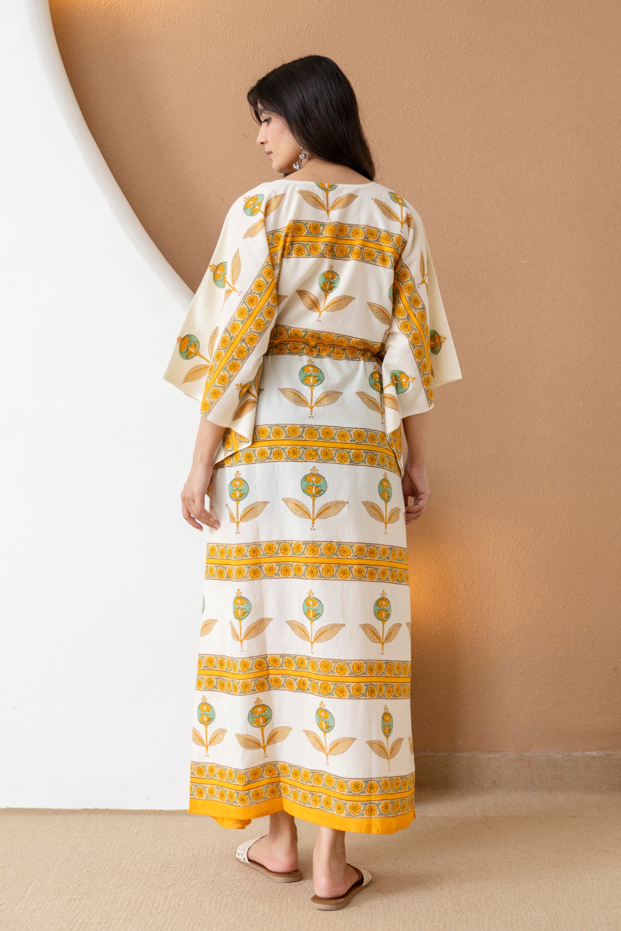 Mustard Bloom Hand Block Printed Cotton Kaftan